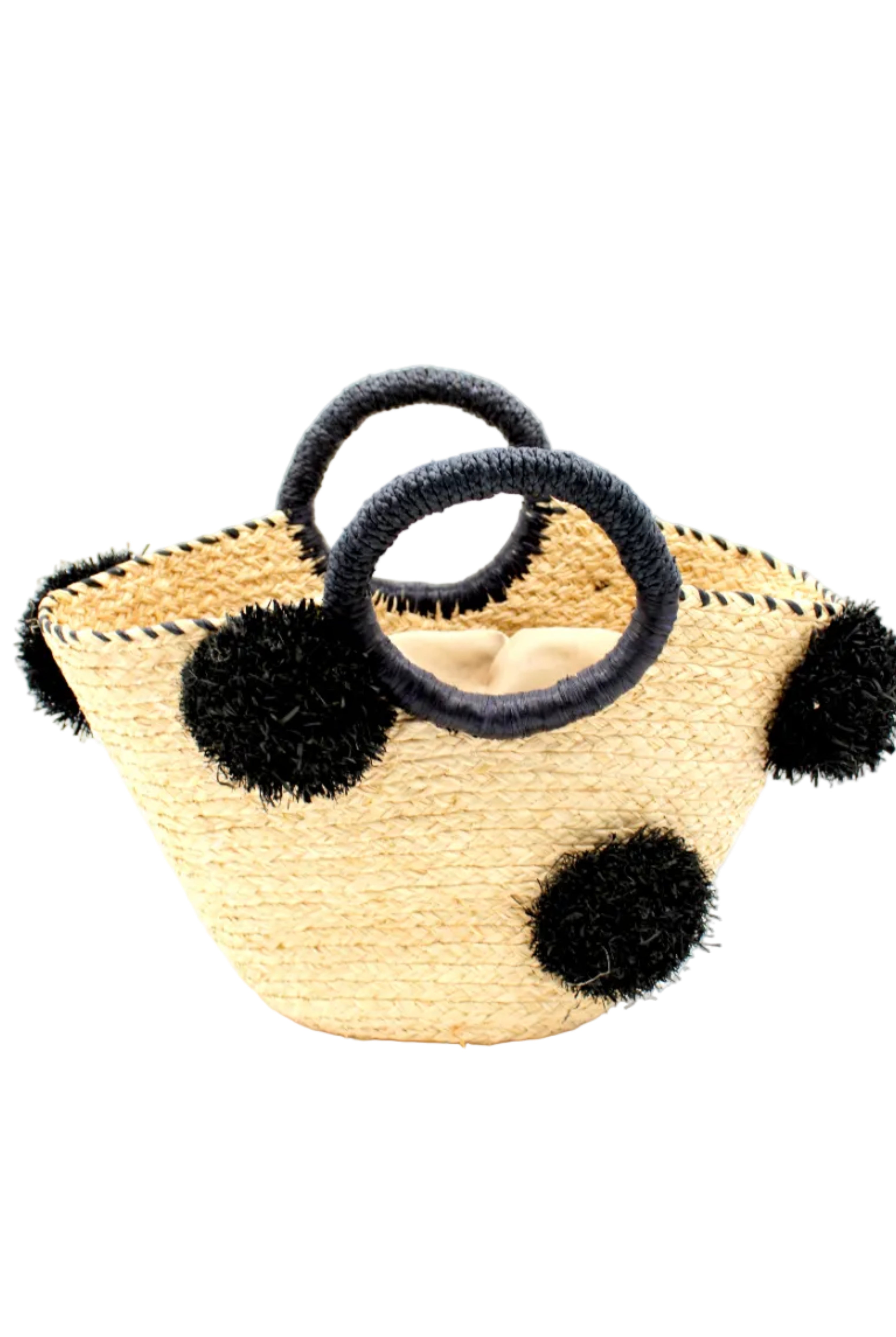 Phi Phi Black and Natural Braided Straw Basket with Oversized Raffia Poufs handmade raffia palm fiber braided into a solid hue of natural straw color with three randomly placed black hand-brushed fringe poufs per side for embellishment with matching loop wrap top edging and matching crochet loop/braided handles bag handbag - Shebobo