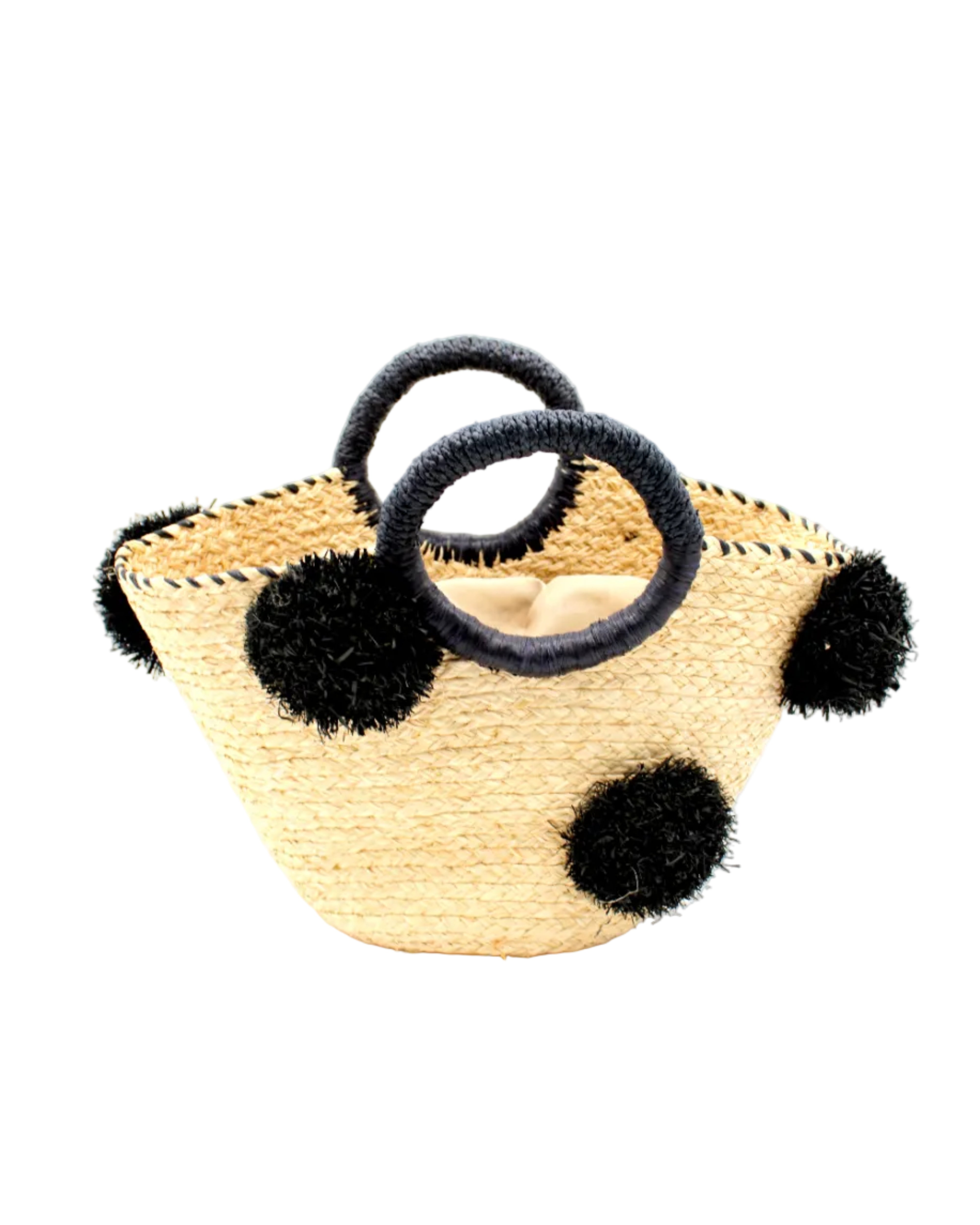 Phi Phi Black and Natural Braided Straw Basket with Oversized Raffia Poufs handmade raffia palm fiber braided into a solid hue of natural straw color with three randomly placed black hand-brushed fringe poufs per side for embellishment with matching loop wrap top edging and matching crochet loop/braided handles bag handbag - Shebobo