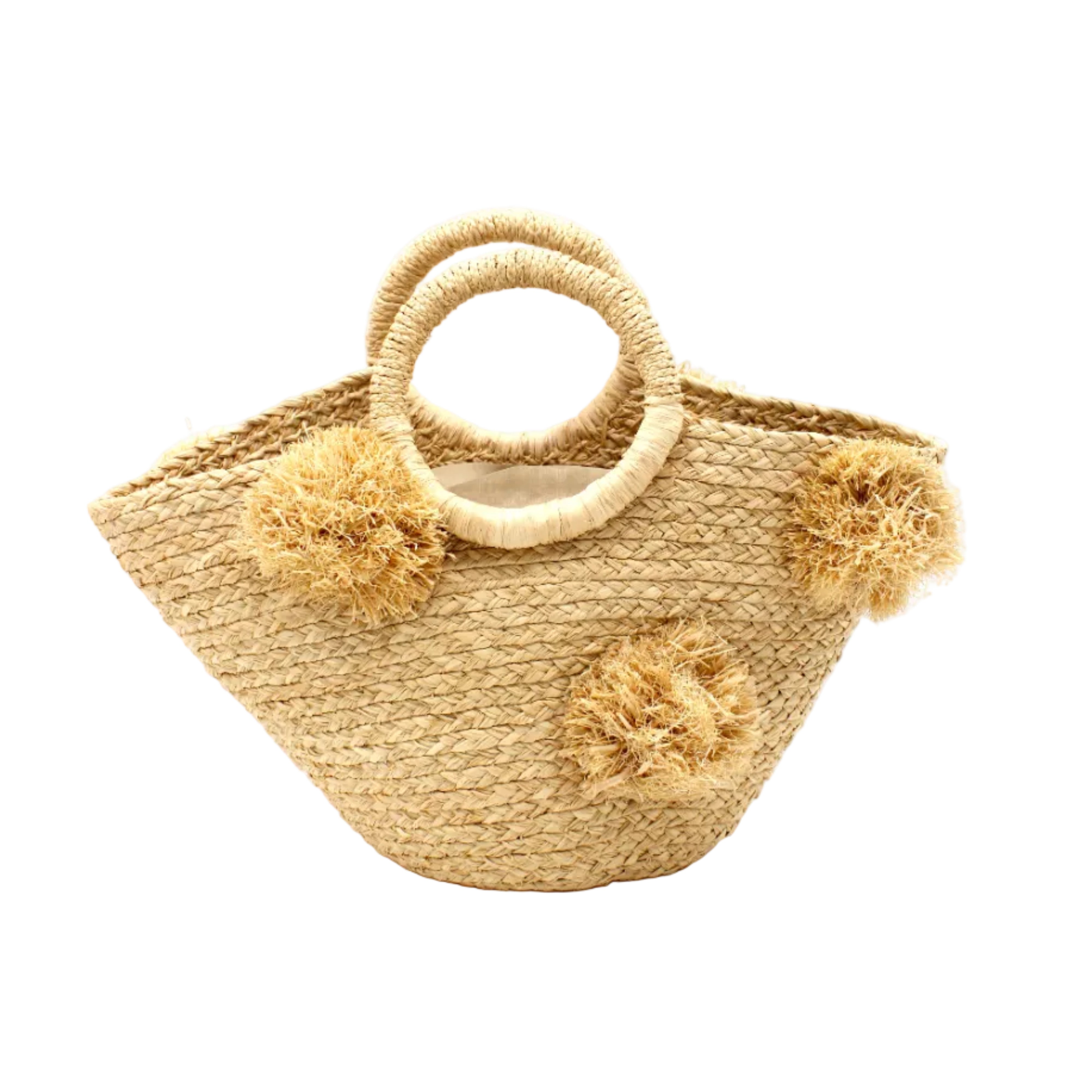 Phi Phi Natural Braided Straw Basket with Oversized Raffia Poufs handmade raffia palm fiber braided into a solid hue of natural straw color with three randomly placed matching hand-brushed fringe poufs per side for embellishment with loop wrap top edging and crochet loop/braided handles bag handbag - Shebobo