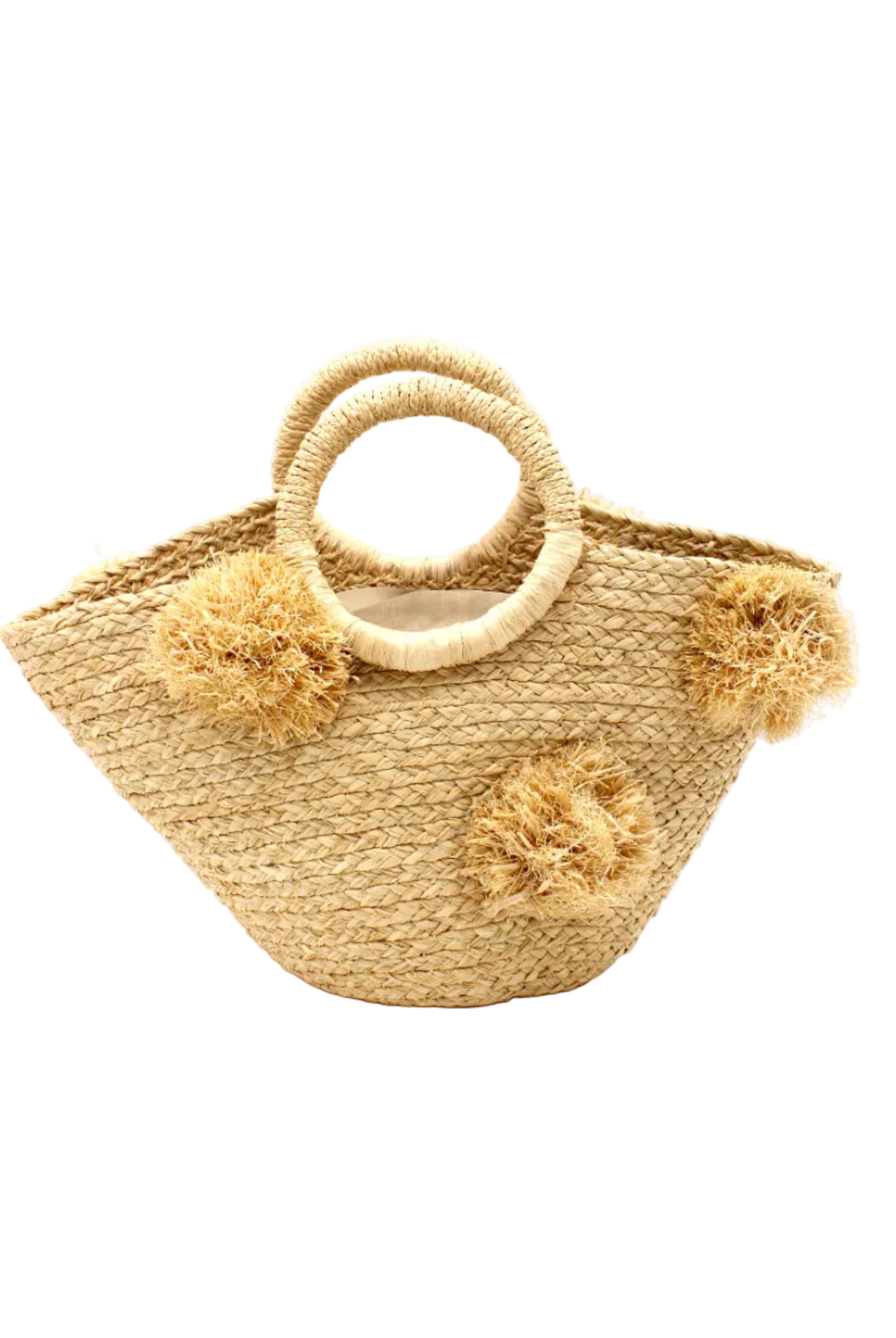 Phi Phi Natural Braided Straw Basket with Oversized Raffia Poufs handmade raffia palm fiber braided into a solid hue of natural straw color with three randomly placed matching hand-brushed fringe poufs per side for embellishment with loop wrap top edging and crochet loop/braided handles bag handbag - Shebobo