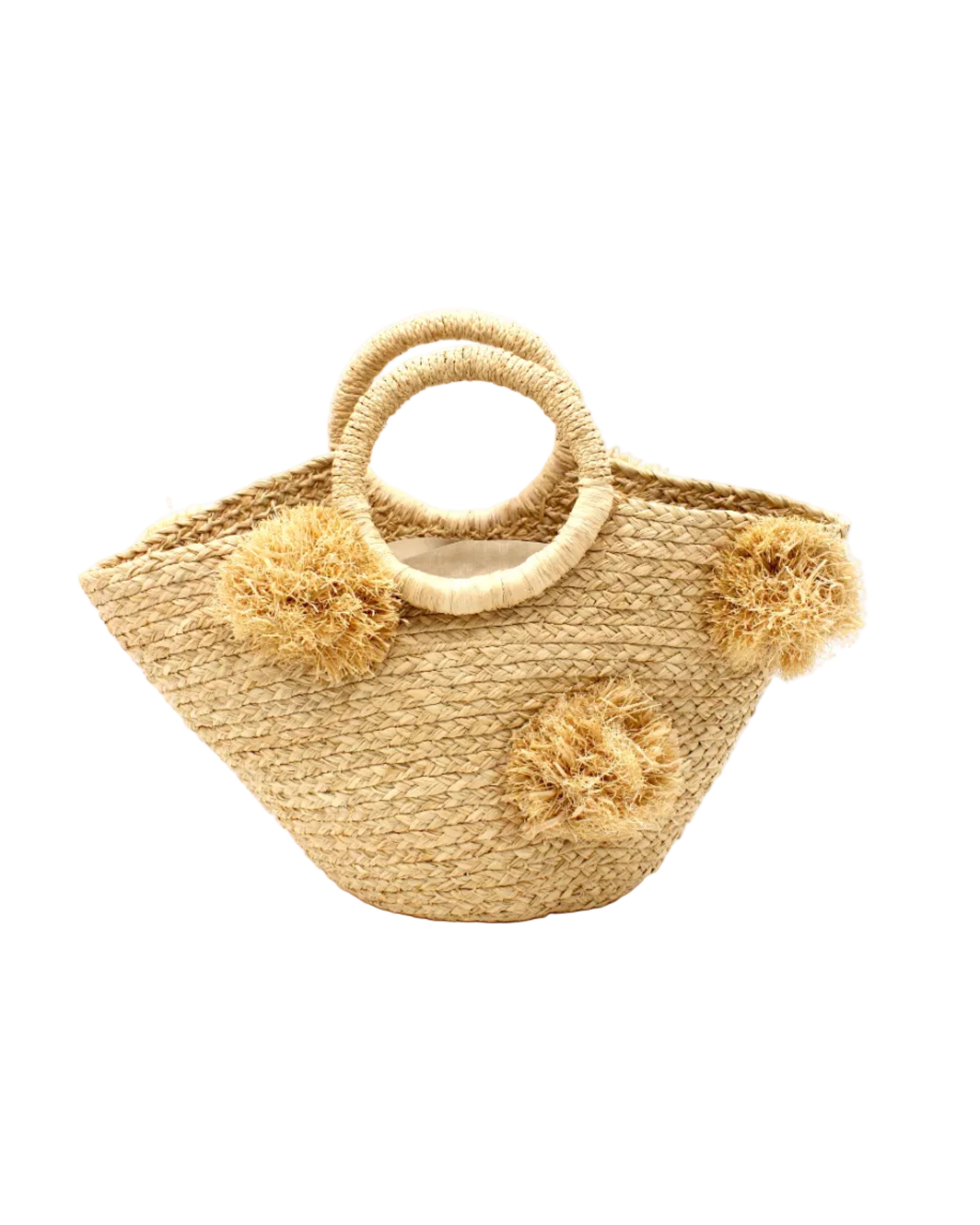 Phi Phi Natural Braided Straw Basket with Oversized Raffia Poufs handmade raffia palm fiber braided into a solid hue of natural straw color with three randomly placed matching hand-brushed fringe poufs per side for embellishment with loop wrap top edging and crochet loop/braided handles bag handbag - Shebobo