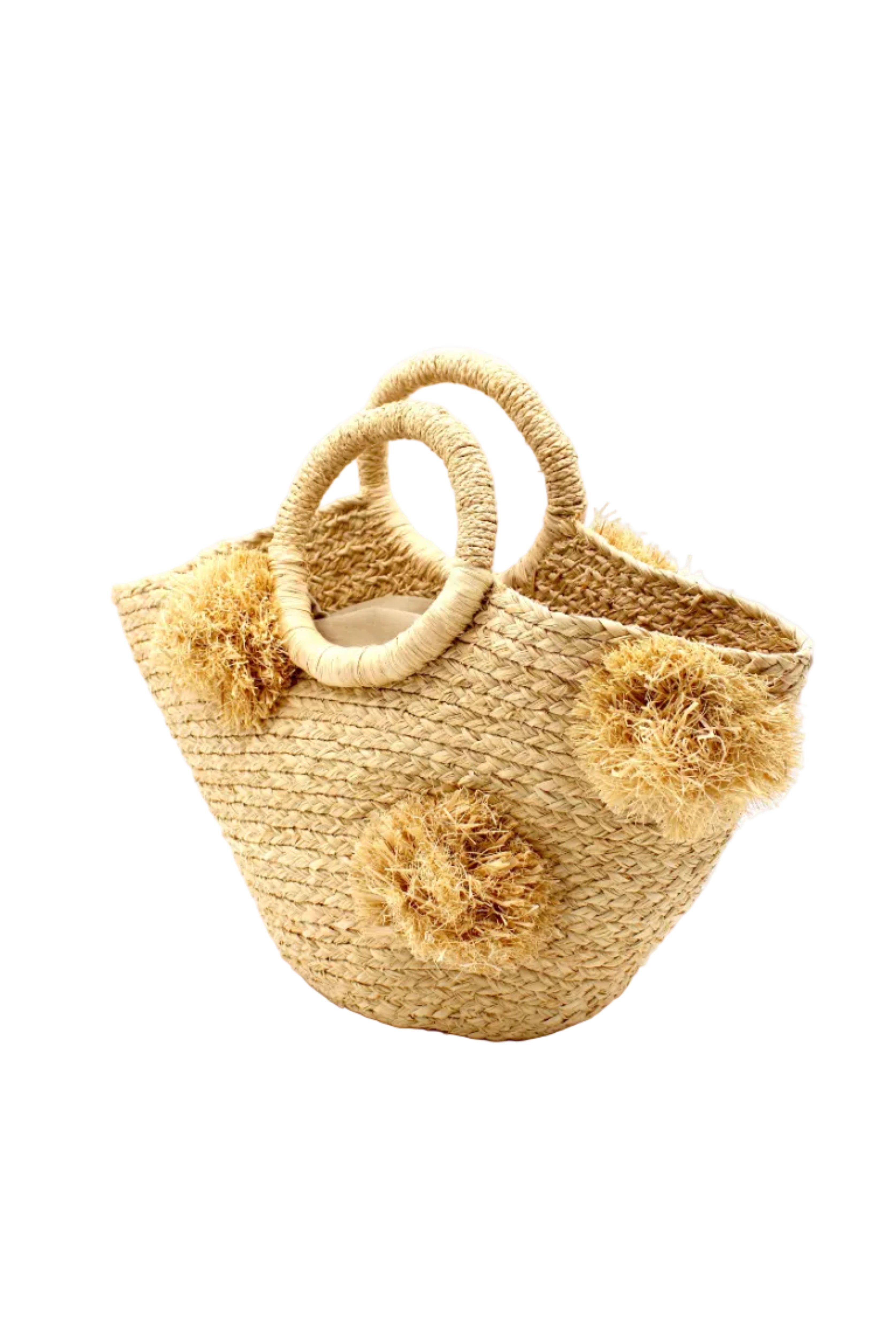 Side View Phi Phi Natural Braided Straw Basket with Oversized Raffia Poufs handmade raffia palm fiber braided into a solid hue of natural straw color with three randomly placed matching hand-brushed fringe poufs per side for embellishment with loop wrap top edging and crochet loop/braided handles bag handbag - Shebobo