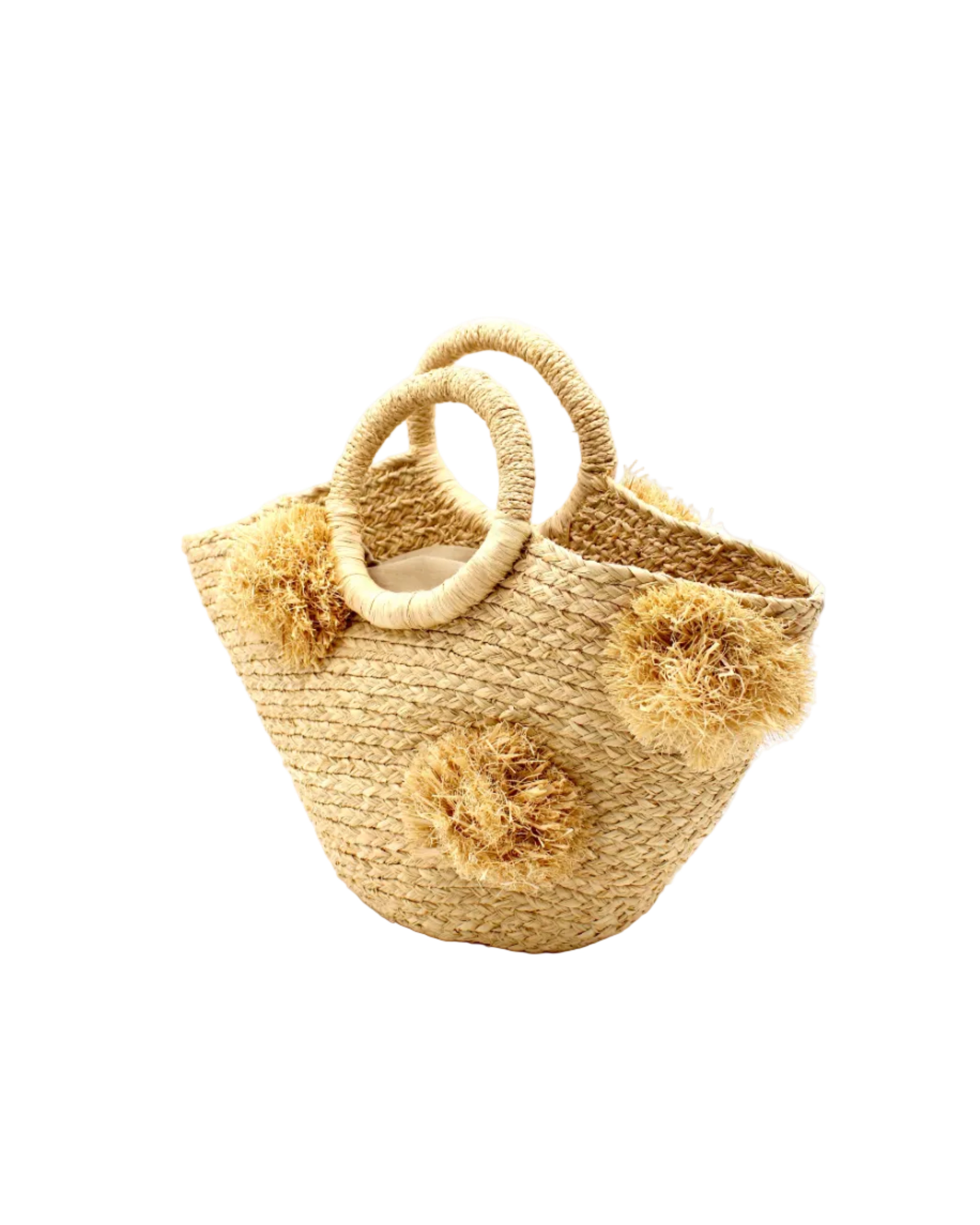 Side View Phi Phi Natural Braided Straw Basket with Oversized Raffia Poufs handmade raffia palm fiber braided into a solid hue of natural straw color with three randomly placed matching hand-brushed fringe poufs per side for embellishment with loop wrap top edging and crochet loop/braided handles bag handbag - Shebobo