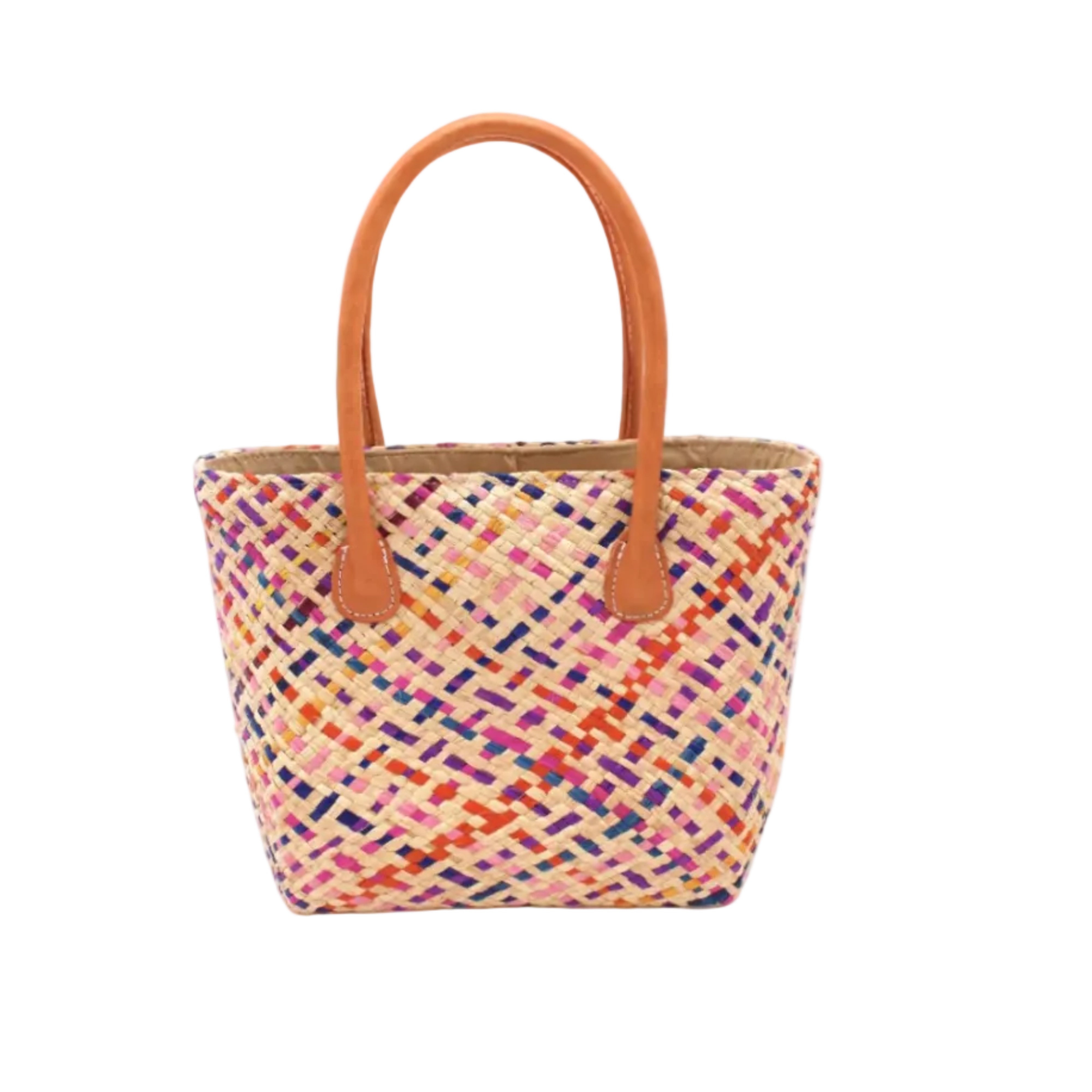 Pianina Confetti Multi Small Straw Basket Bag handmade from woven natural raffia palm fiber in a multicolor cross weave pattern of natural straw color, coral orange, orchid purple, bordeaux red, fuchsia pink, light pink, saffron yellow, yellow, and navy blue handbag purse with leather handles - Shebobo