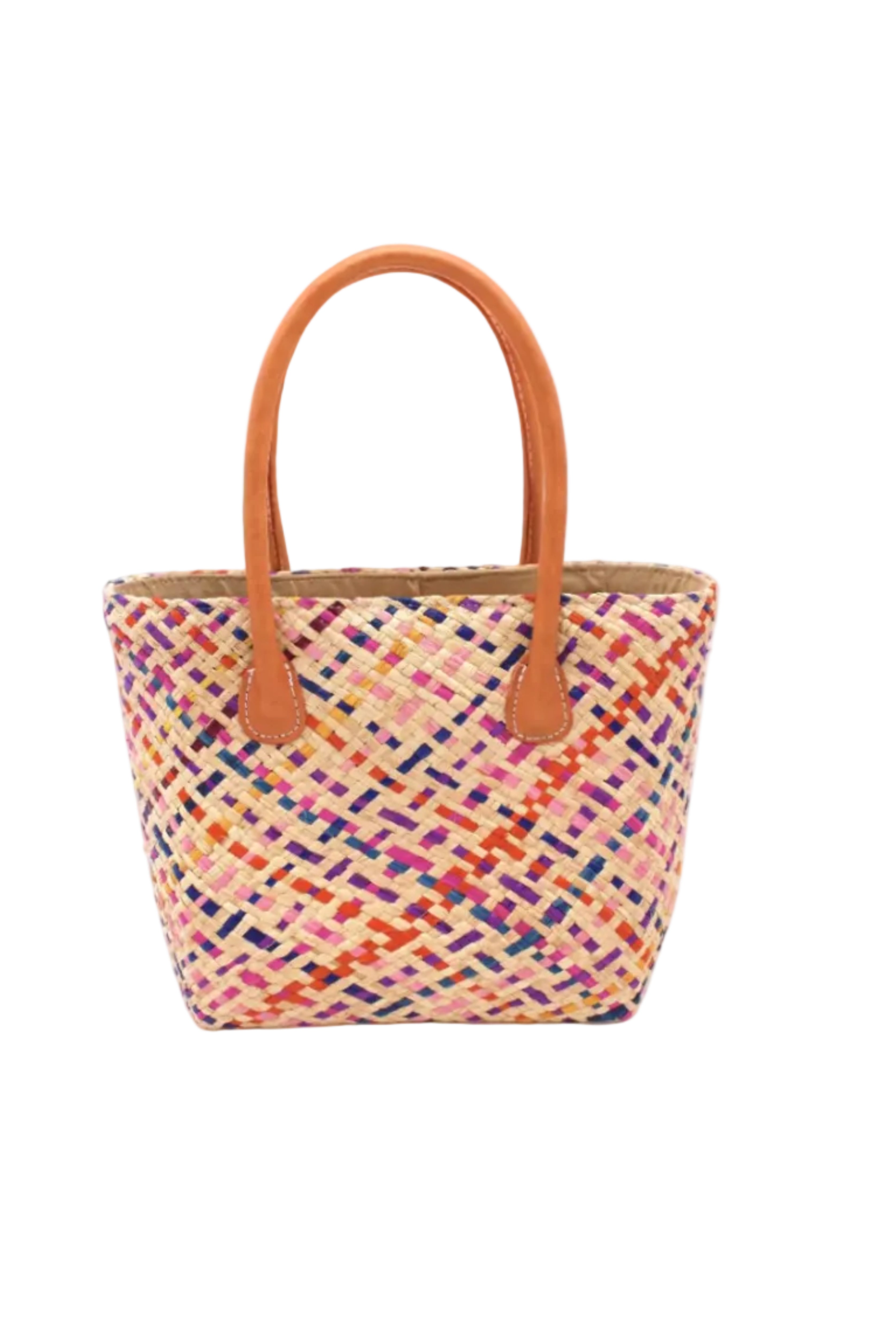 Pianina Confetti Multi Small Straw Basket Bag handmade from woven natural raffia palm fiber in a multicolor cross weave pattern of natural straw color, coral orange, orchid purple, bordeaux red, fuchsia pink, light pink, saffron yellow, yellow, and navy blue handbag purse with leather handles - Shebobo