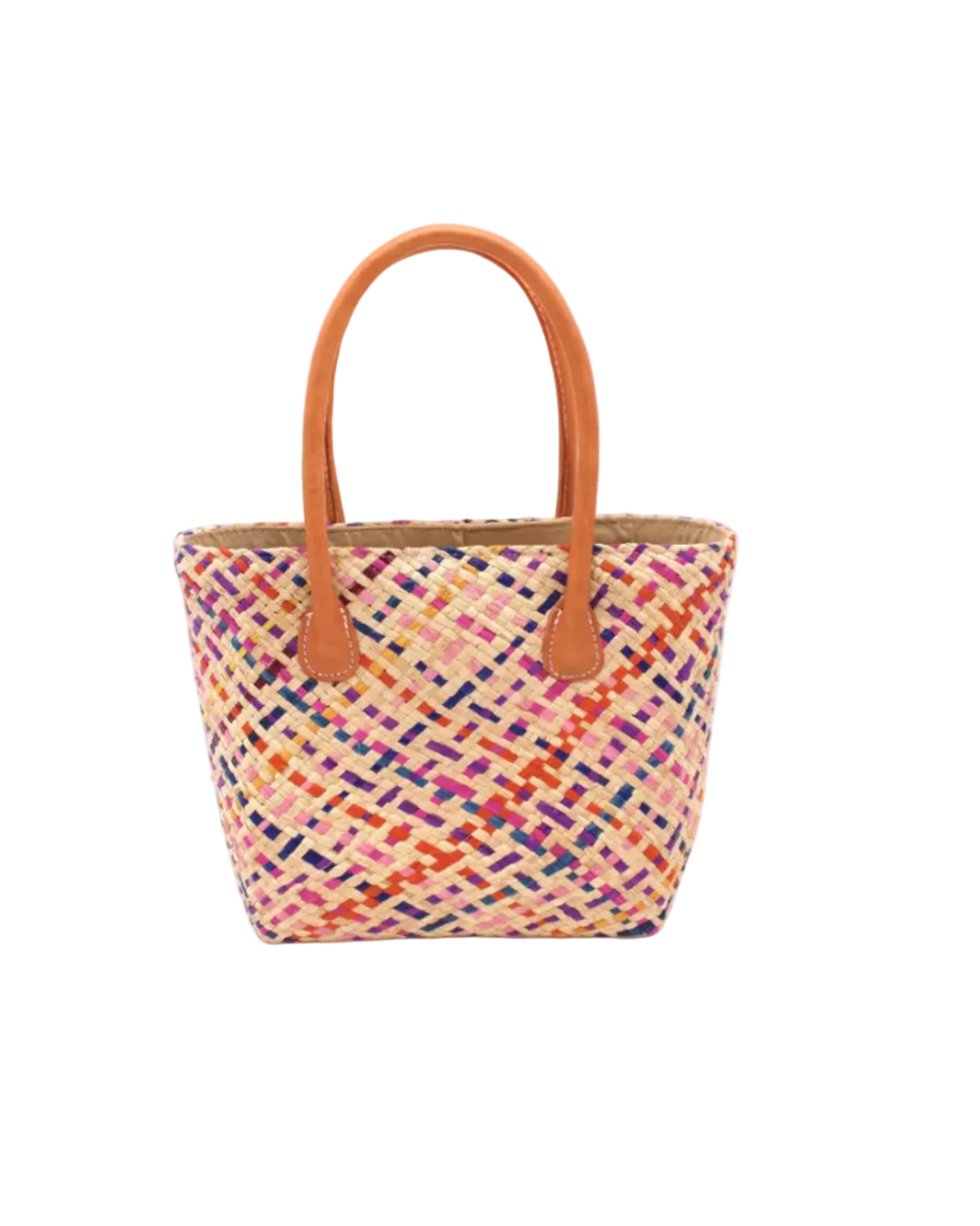 Pianina Confetti Multi Small Straw Basket Bag handmade from woven natural raffia palm fiber in a multicolor cross weave pattern of natural straw color, coral orange, orchid purple, bordeaux red, fuchsia pink, light pink, saffron yellow, yellow, and navy blue handbag purse with leather handles - Shebobo