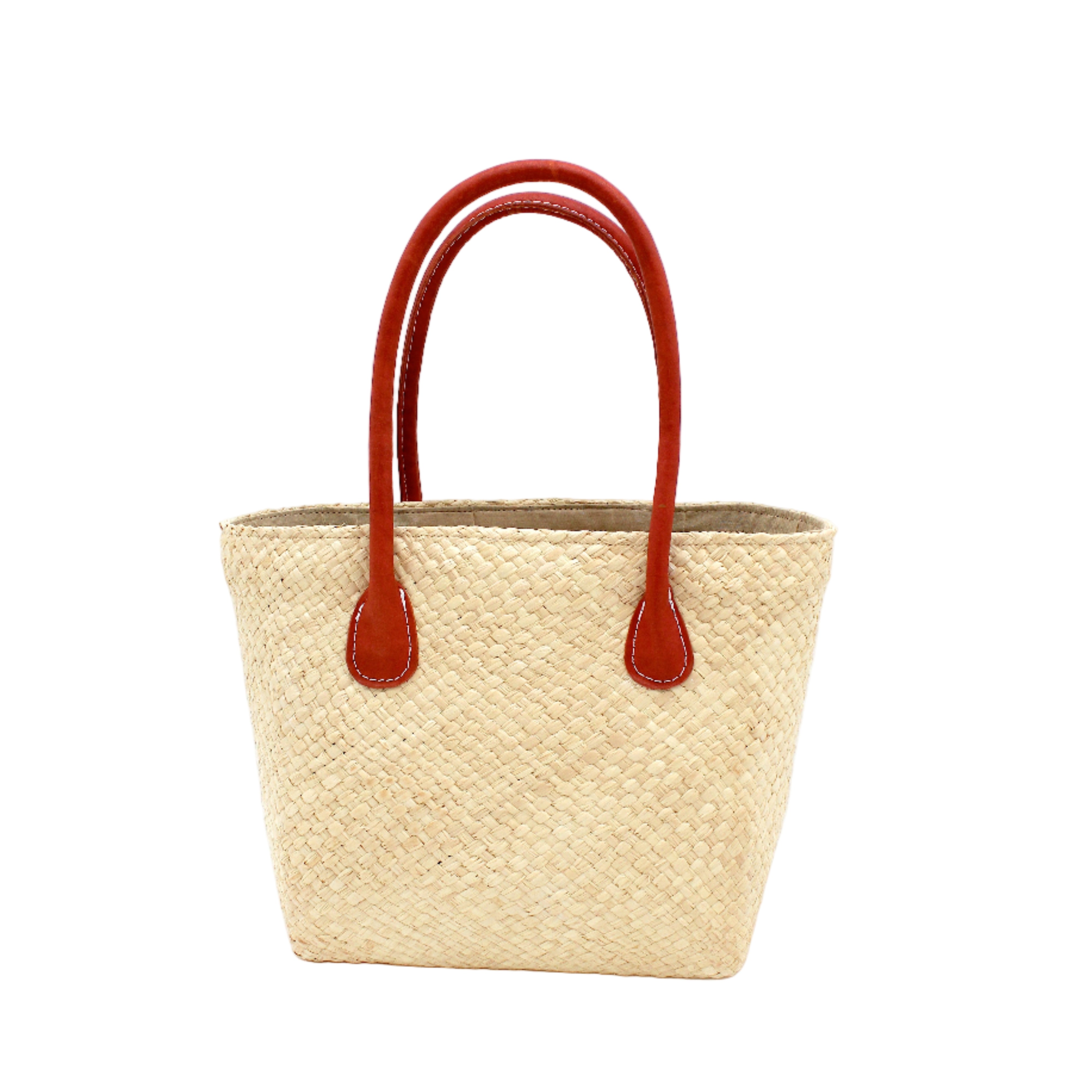 Pianina Natural Small Straw Basket Bag handmade from woven natural raffia palm fiber in a monochromatic cross weave pattern of natural straw color handbag purse with leather handles - Shebobo