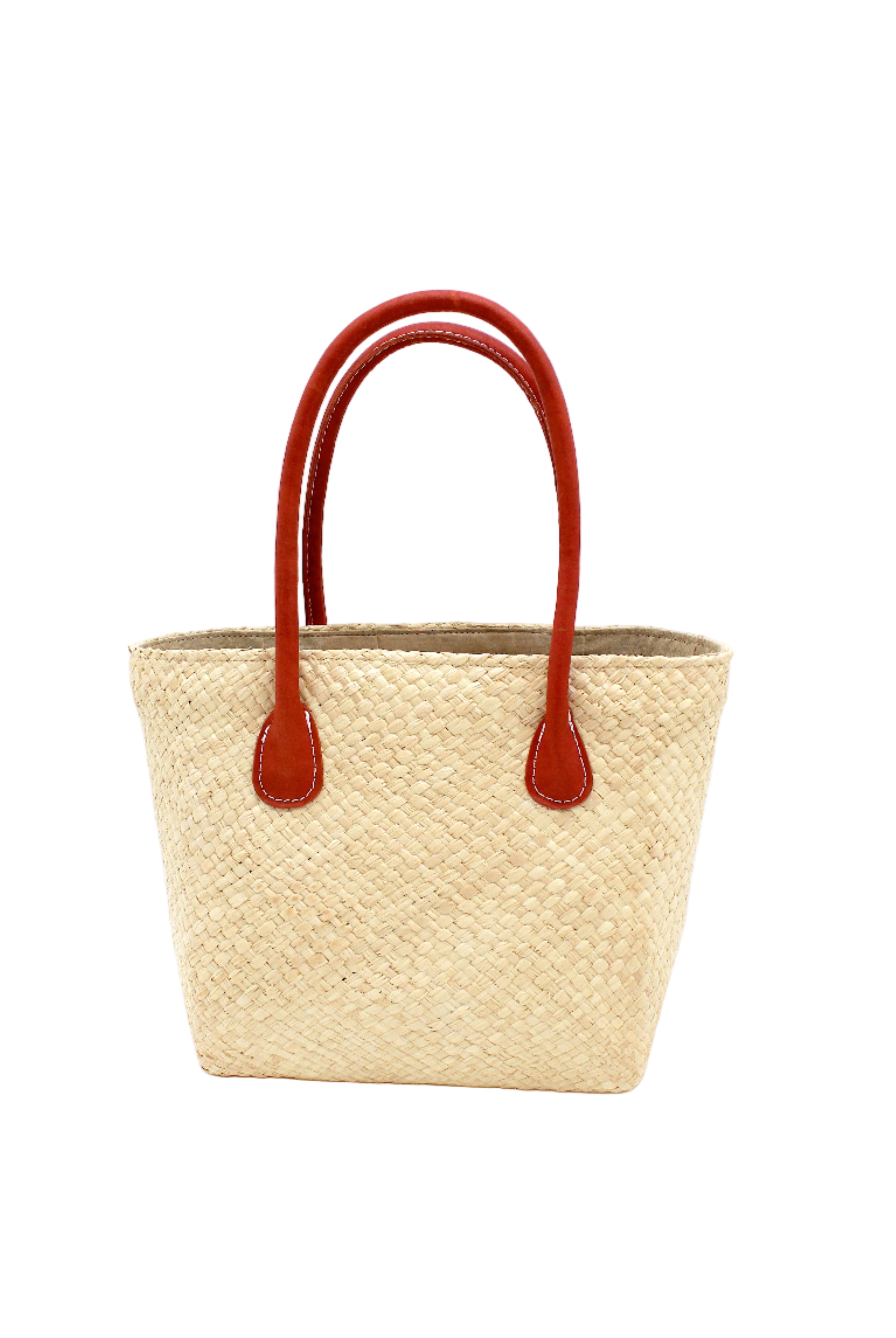 Pianina Natural Small Straw Basket Bag handmade from woven natural raffia palm fiber in a monochromatic cross weave pattern of natural straw color handbag purse with leather handles - Shebobo