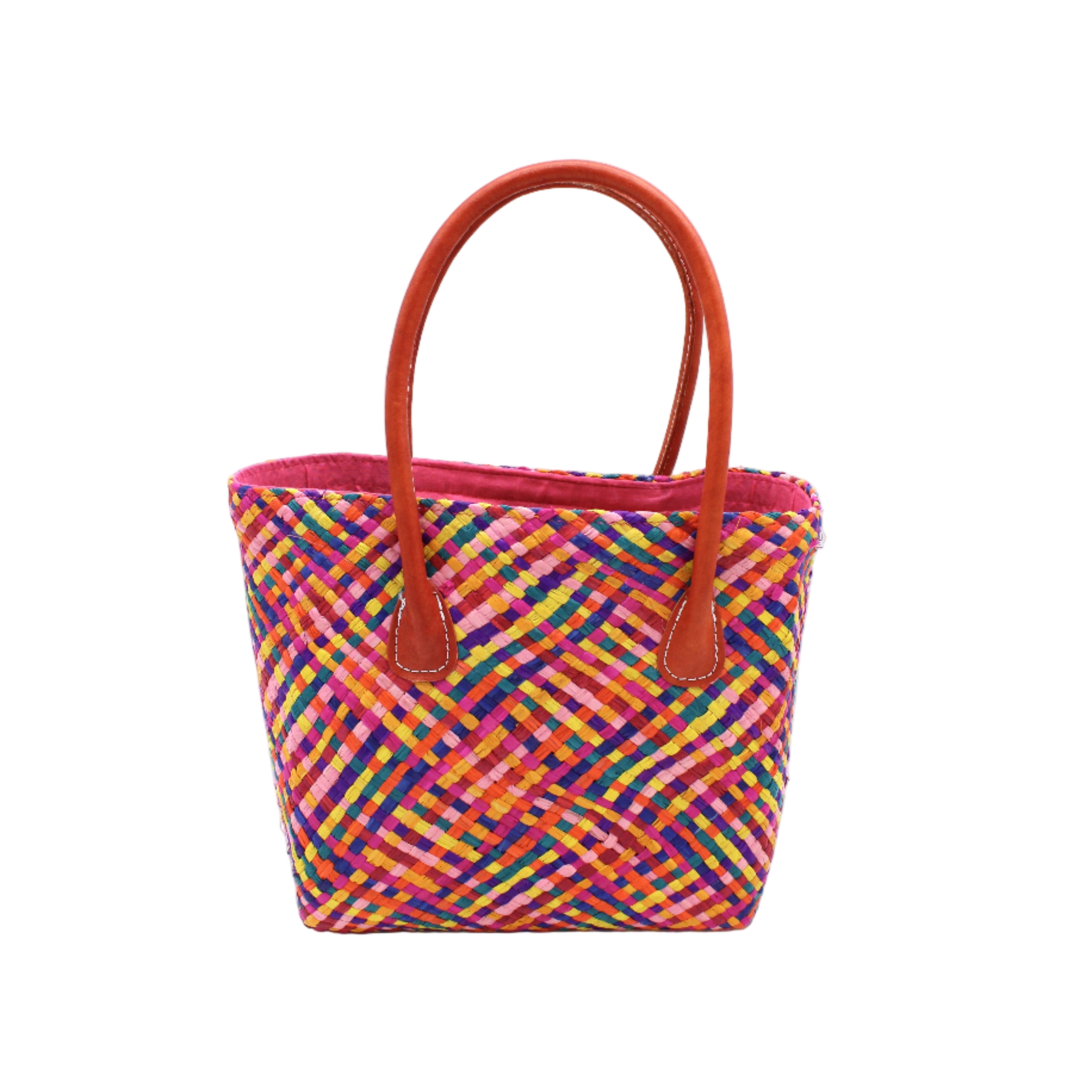 Pianina Raspberry Multi Small Straw Basket Bag handmade from woven natural raffia palm fiber in a multicolor cross weave pattern of turquoise blue, coral orange, orchid purple, bordeaux red, fuchsia pink, light pink, saffron yellow, yellow, and navy blue handbag purse with leather handles - Shebobo