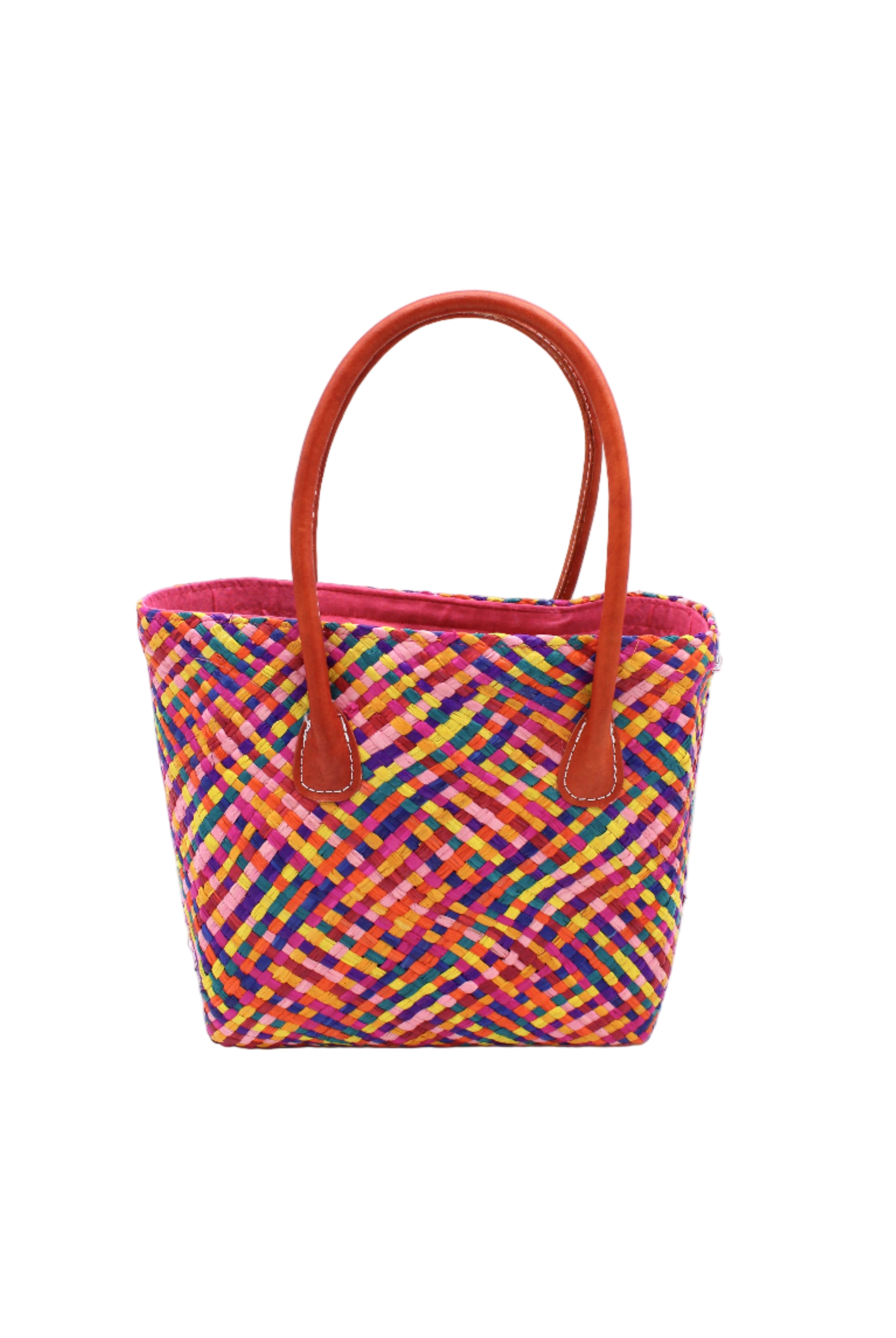 Pianina Raspberry Multi Small Straw Basket Bag handmade from woven natural raffia palm fiber in a multicolor cross weave pattern of turquoise blue, coral orange, orchid purple, bordeaux red, fuchsia pink, light pink, saffron yellow, yellow, and navy blue handbag purse with leather handles - Shebobo