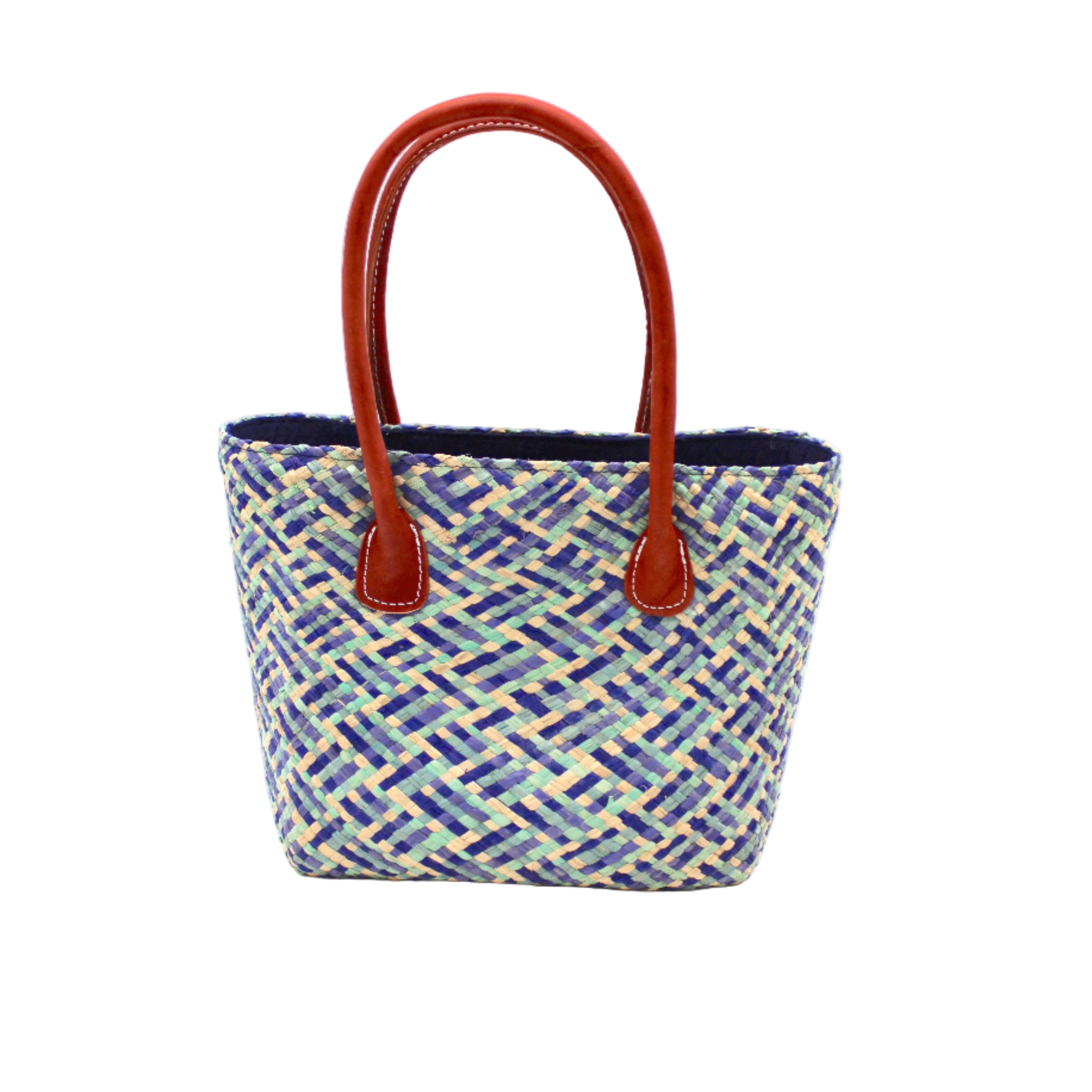 Pianina Azure Multi Small Straw Basket Bag handmade from woven natural raffia palm fiber in a multicolor cross weave pattern of turquoise, denim retro/light/blue, natural straw color, and navy blue handbag purse with leather handles - Shebobo