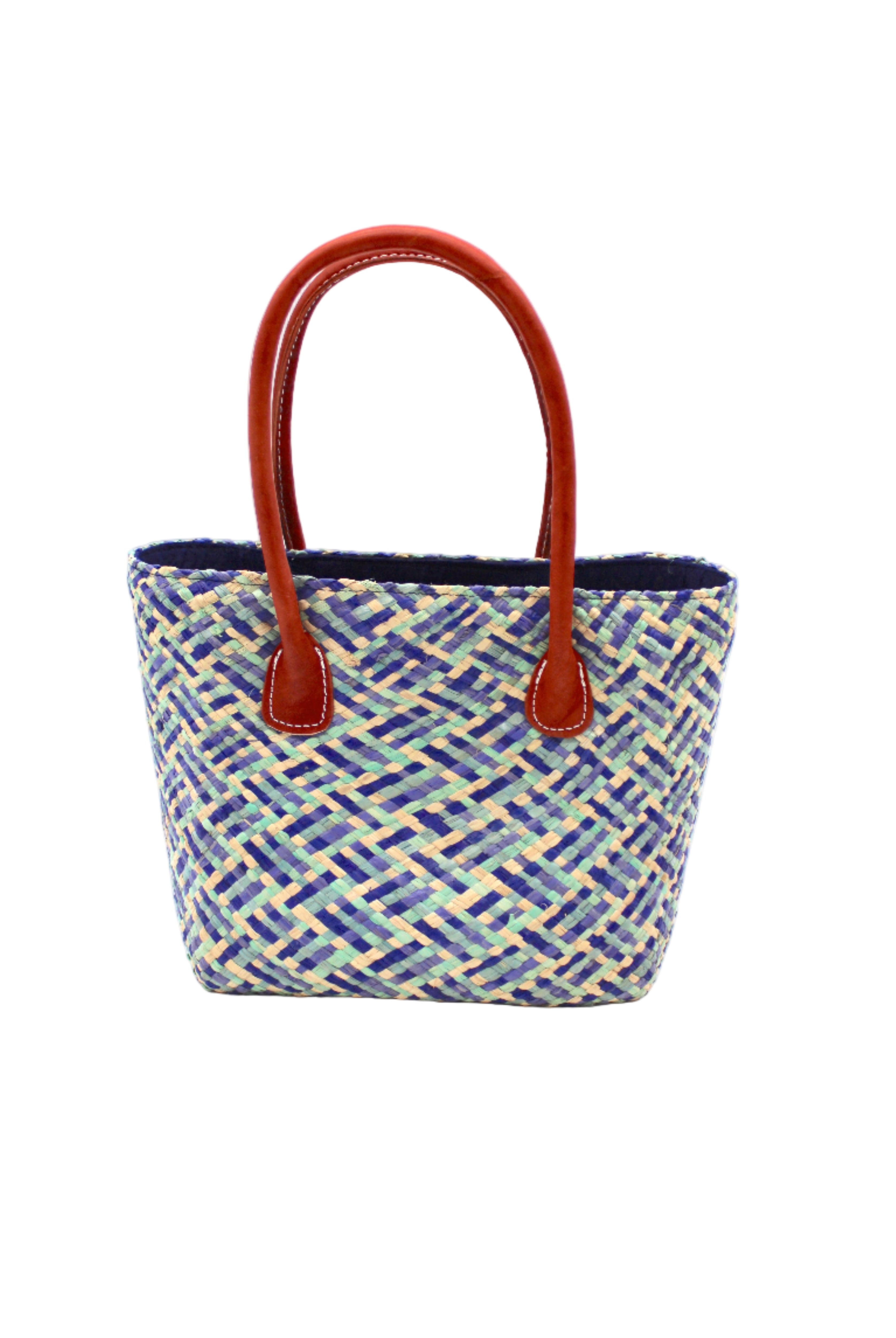 Pianina Azure Multi Small Straw Basket Bag handmade from woven natural raffia palm fiber in a multicolor cross weave pattern of turquoise, denim retro/light/blue, natural straw color, and navy blue handbag purse with leather handles - Shebobo
