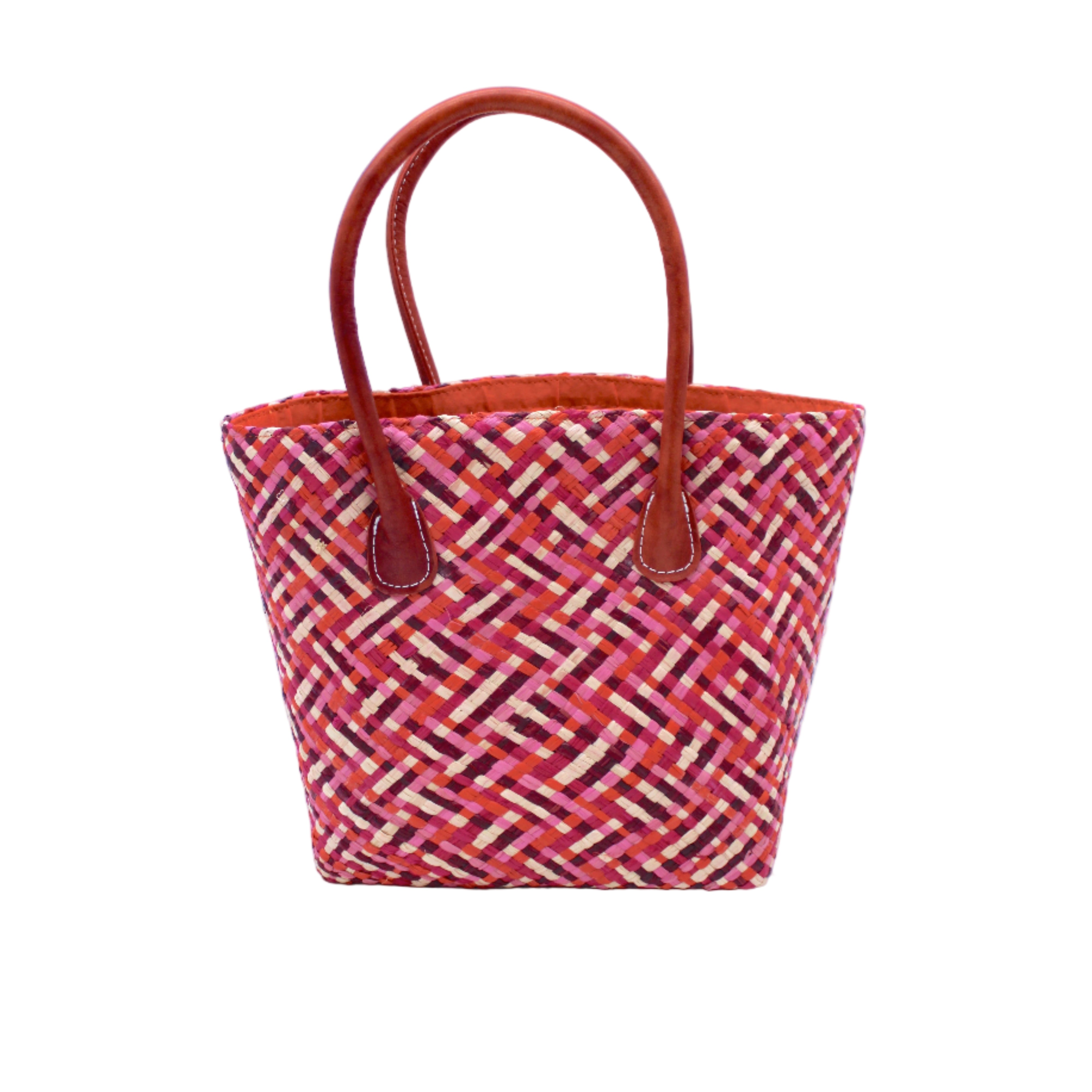 Pianina Passion Multi Small Straw Basket Bag handmade from woven natural raffia palm fiber in a multicolor cross weave pattern of red, light pink, fuchsia, coral, and natural straw color handbag purse with leather handles - Shebobo