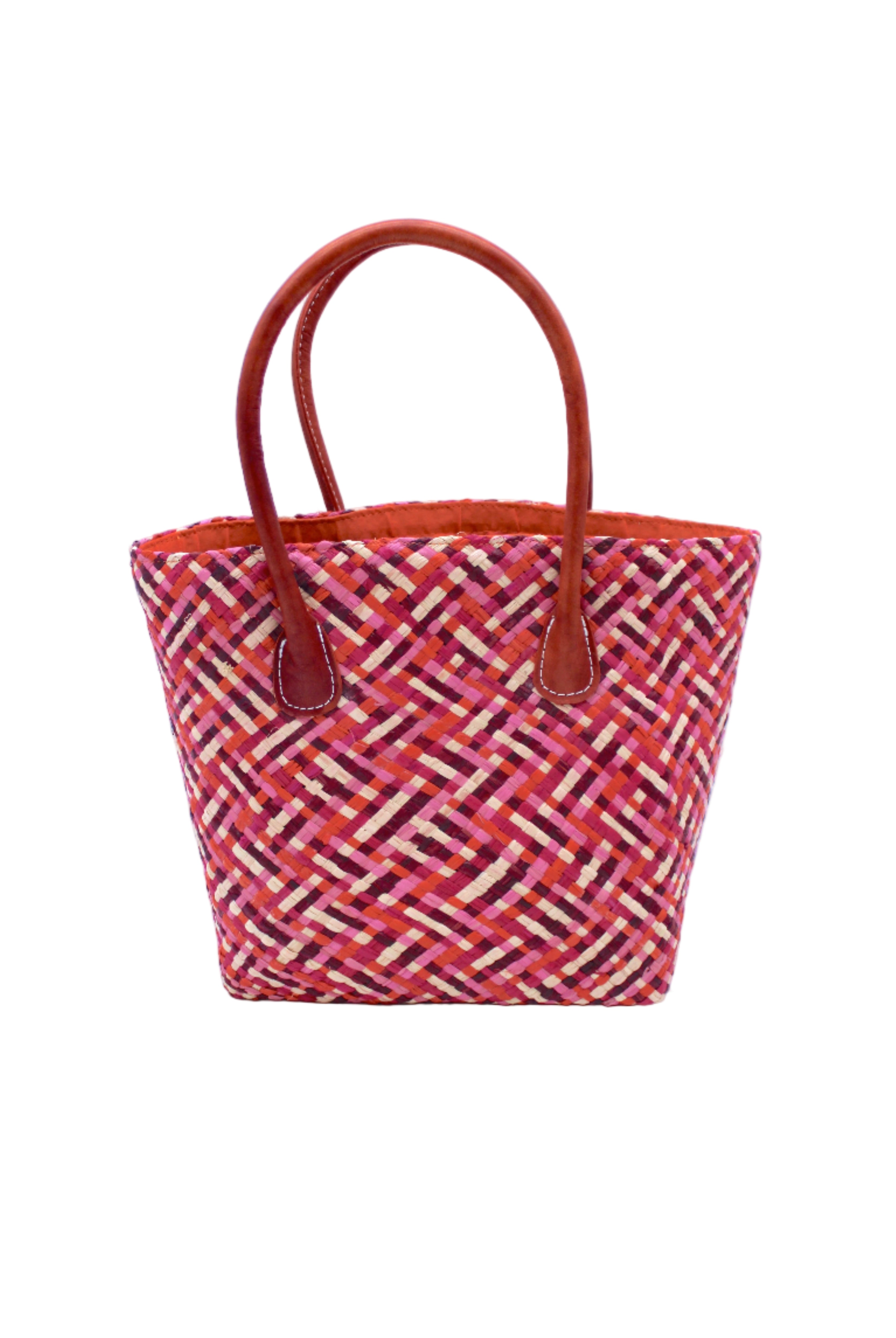 Pianina Passion Multi Small Straw Basket Bag handmade from woven natural raffia palm fiber in a multicolor cross weave pattern of red, light pink, fuchsia, coral, and natural straw color handbag purse with leather handles - Shebobo