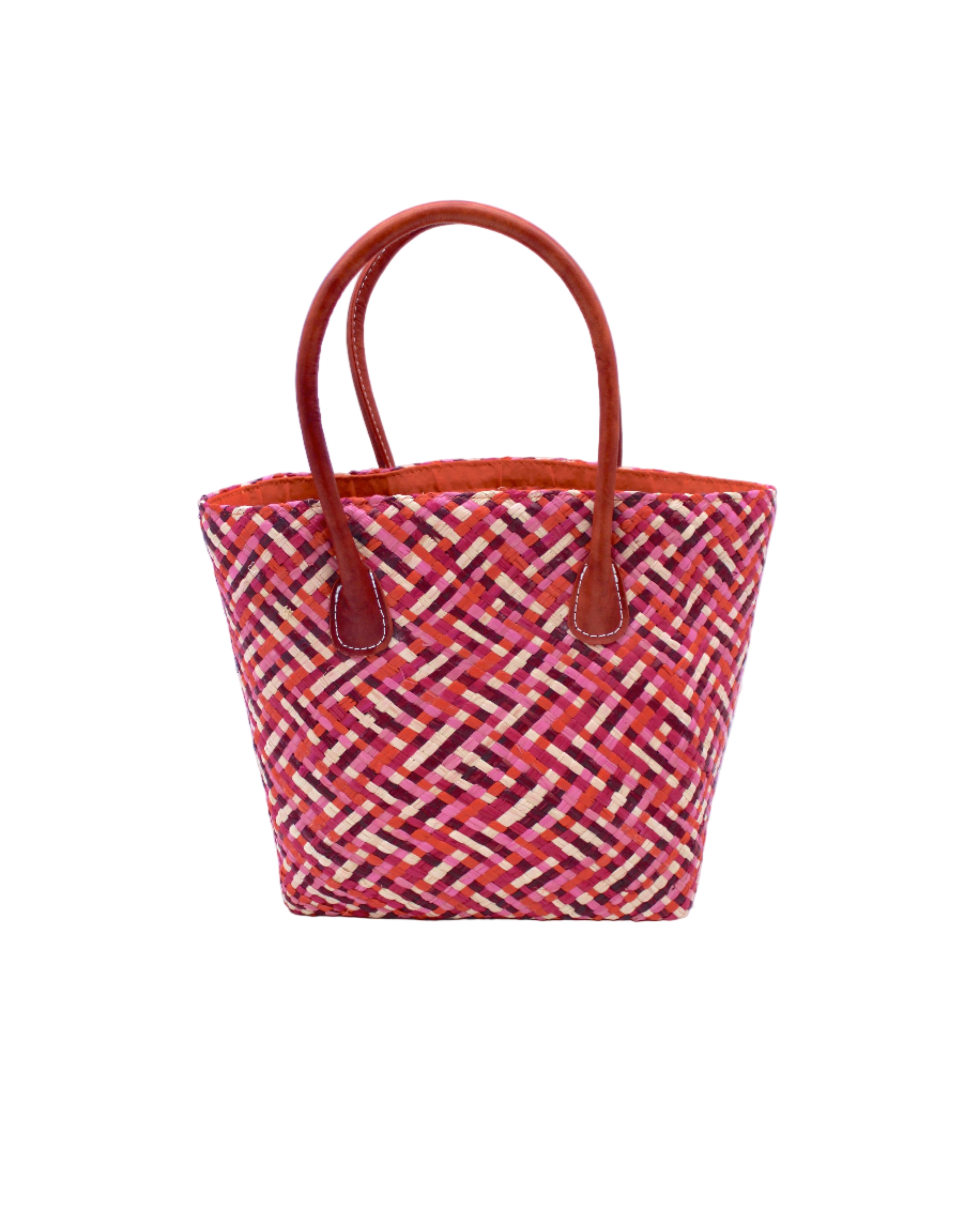 Pianina Passion Multi Small Straw Basket Bag handmade from woven natural raffia palm fiber in a multicolor cross weave pattern of red, light pink, fuchsia, coral, and natural straw color handbag purse with leather handles - Shebobo