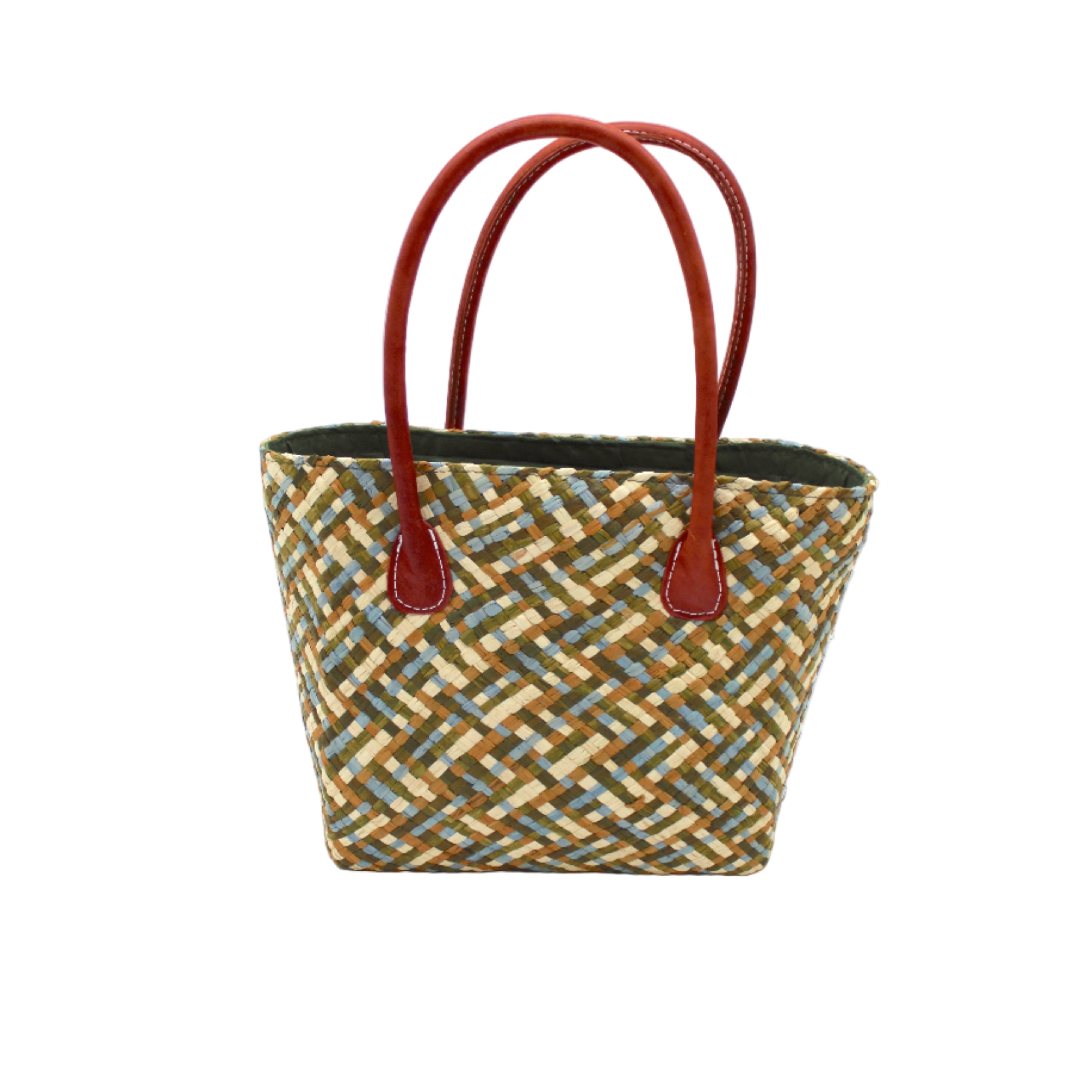 Pianina Terra Multi Small Straw Basket Bag handmade from woven natural raffia palm fiber in a multicolor cross weave pattern of dark green, olive green, denim light/blue, and natural straw color handbag purse with leather handles - Shebobo