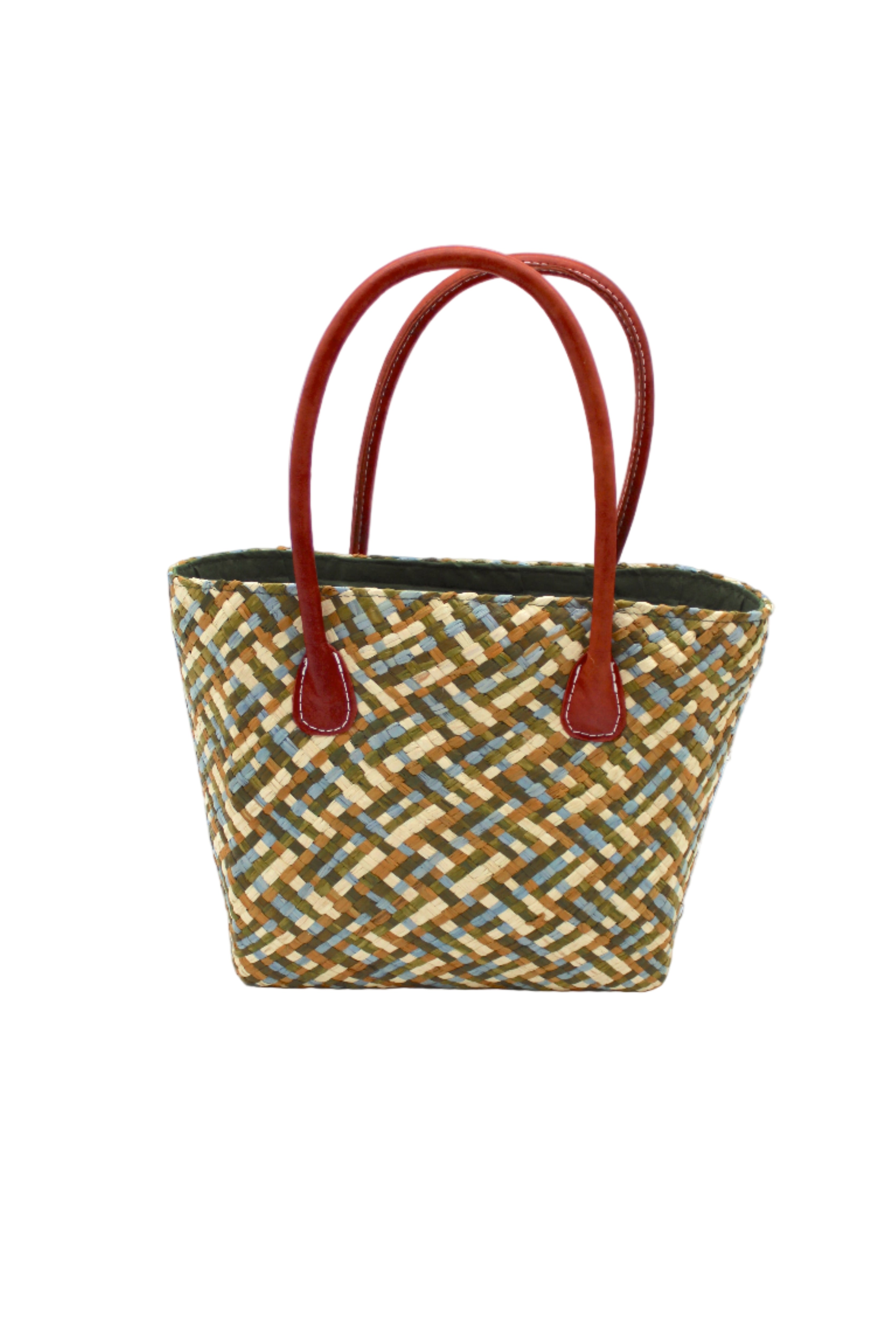 Pianina Terra Multi Small Straw Basket Bag handmade from woven natural raffia palm fiber in a multicolor cross weave pattern of dark green, olive green, denim light/blue, and natural straw color handbag purse with leather handles - Shebobo
