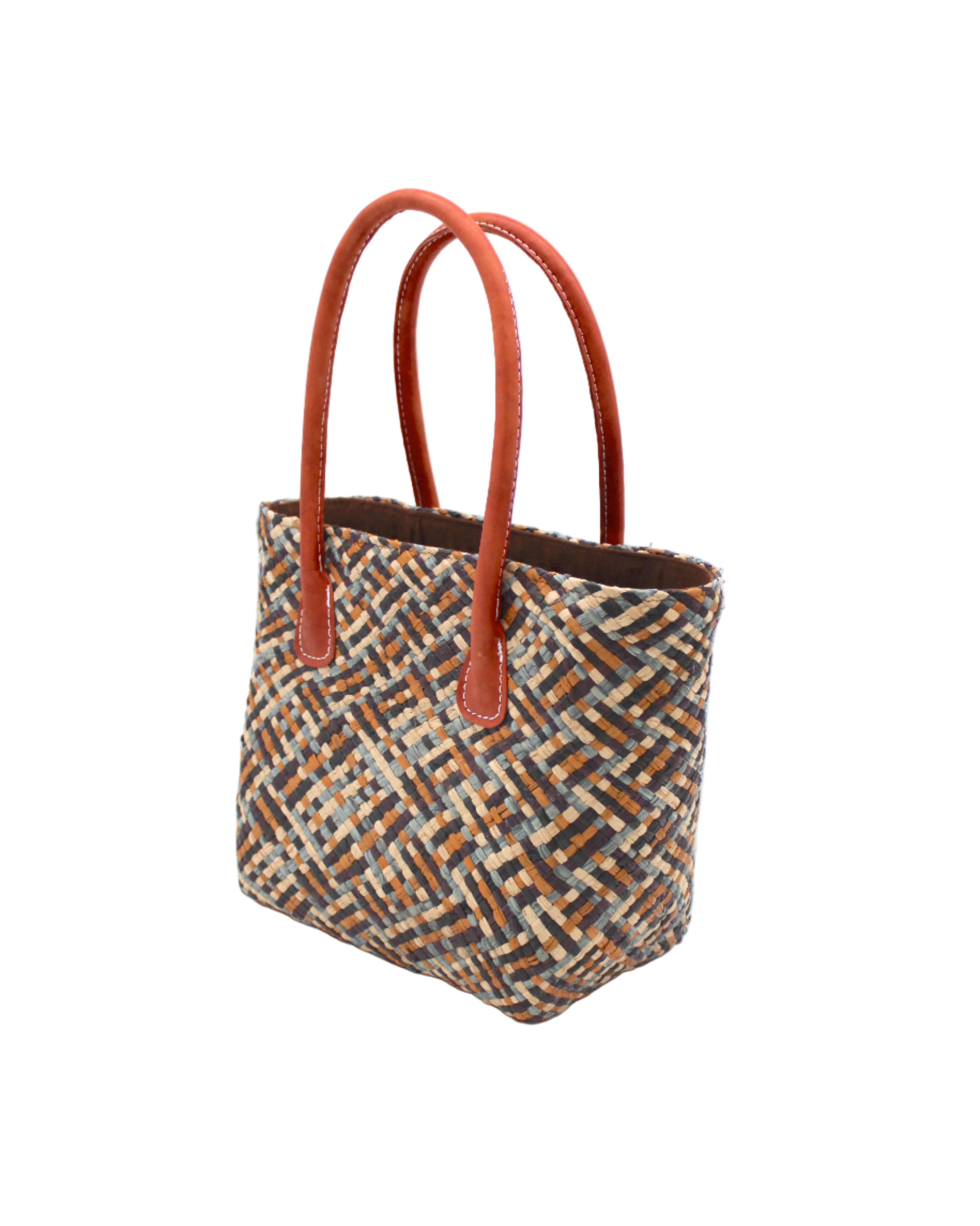 Side view Pianina Zaphyr Multi Small Straw Basket Bag handmade from woven natural raffia palm fiber in a multicolor cross weave pattern of dark purple/grey/brown, olive green, denim light/blue, and natural straw color handbag purse with leather handles - Shebobo