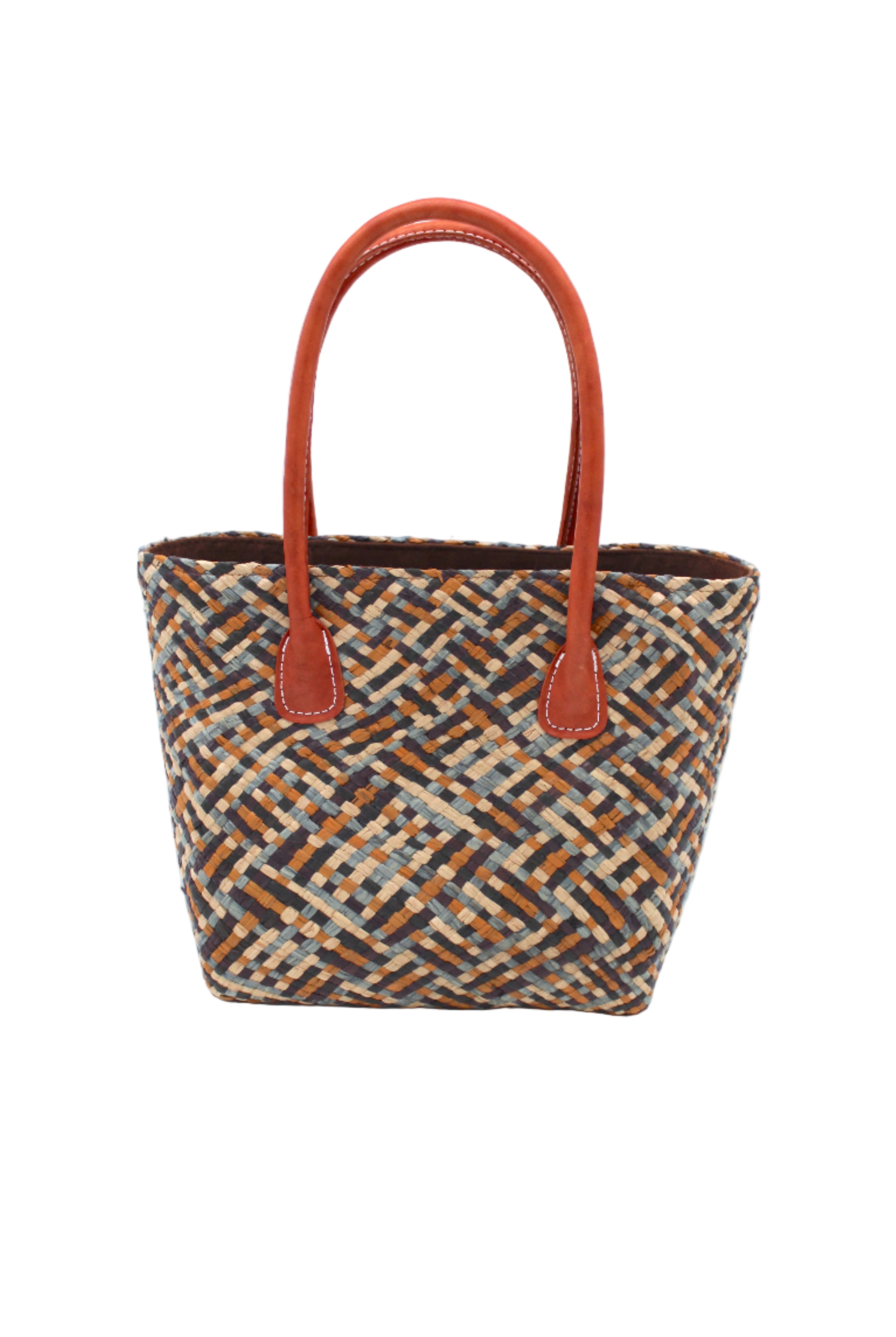 Pianina Zaphyr Multi Small Straw Basket Bag handmade from woven natural raffia palm fiber in a multicolor cross weave pattern of dark purple/grey/brown, olive green, denim light/blue, and natural straw color handbag purse with leather handles - Shebobo