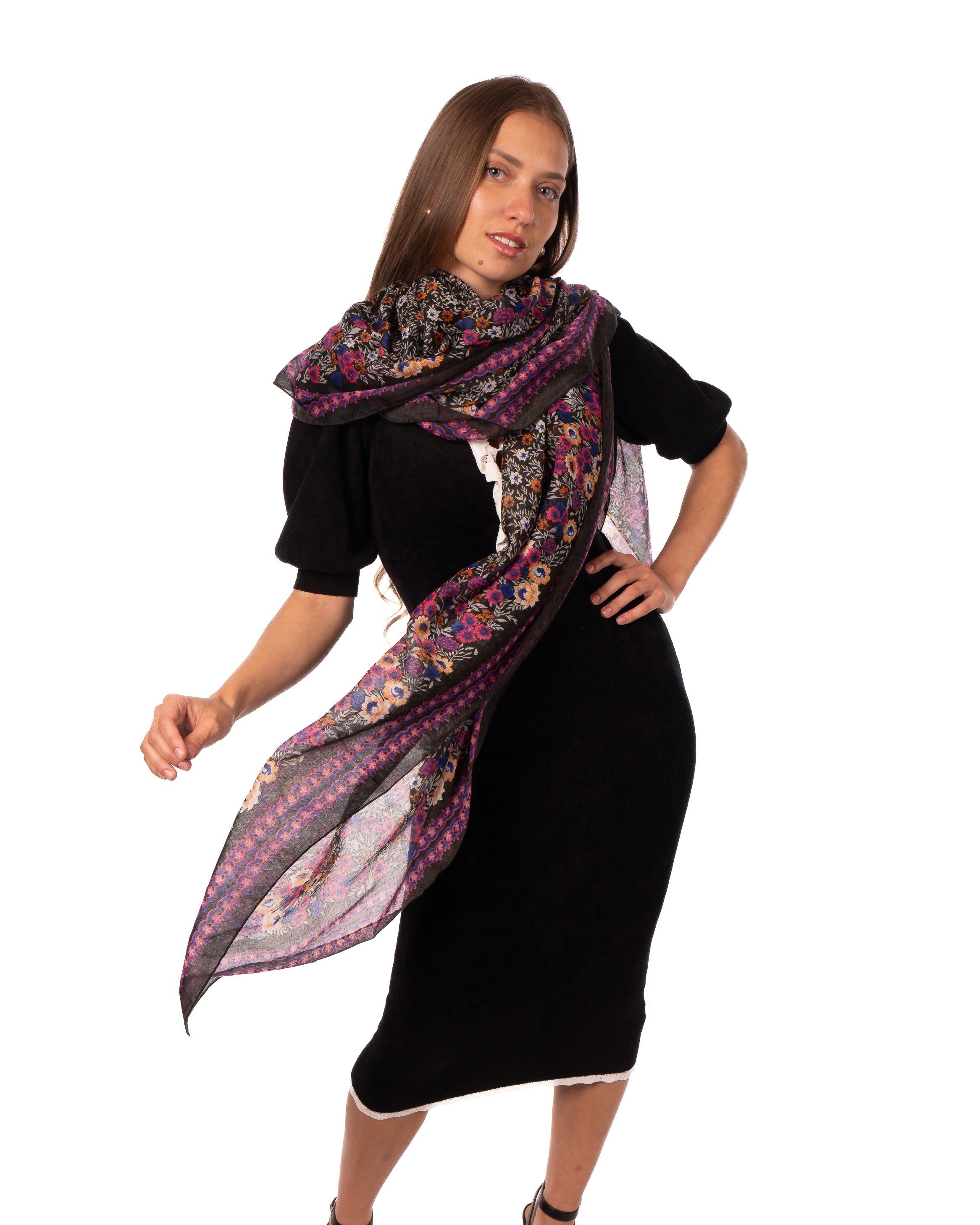 Model wearing Sweet Meadow Scarf Wrap Pink Multicolor Floral Pattern with black, white, blue, purple, orange, etc. - Shebobo
