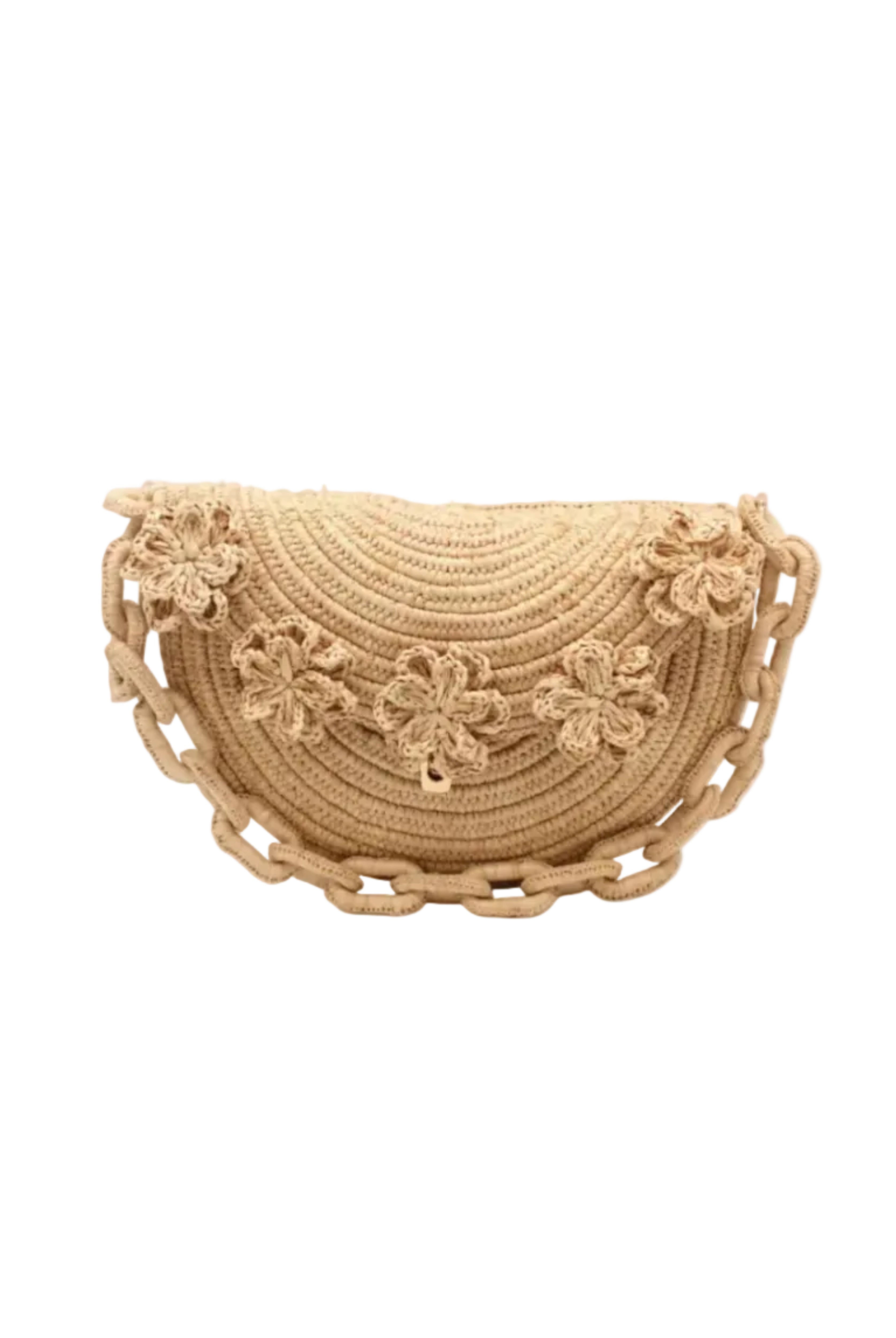 Piper Crochet Flower Straw Handbag with Macrame Chain Strap handmade natural raffia palm fiber in a solid hue of natural straw color with delicate 3D floral edge along the front envelope flap style closure of the half moon shaped bag with subtle curved banding and macrame chain shoulder strap purse small bag shoulder bag - Shebobo