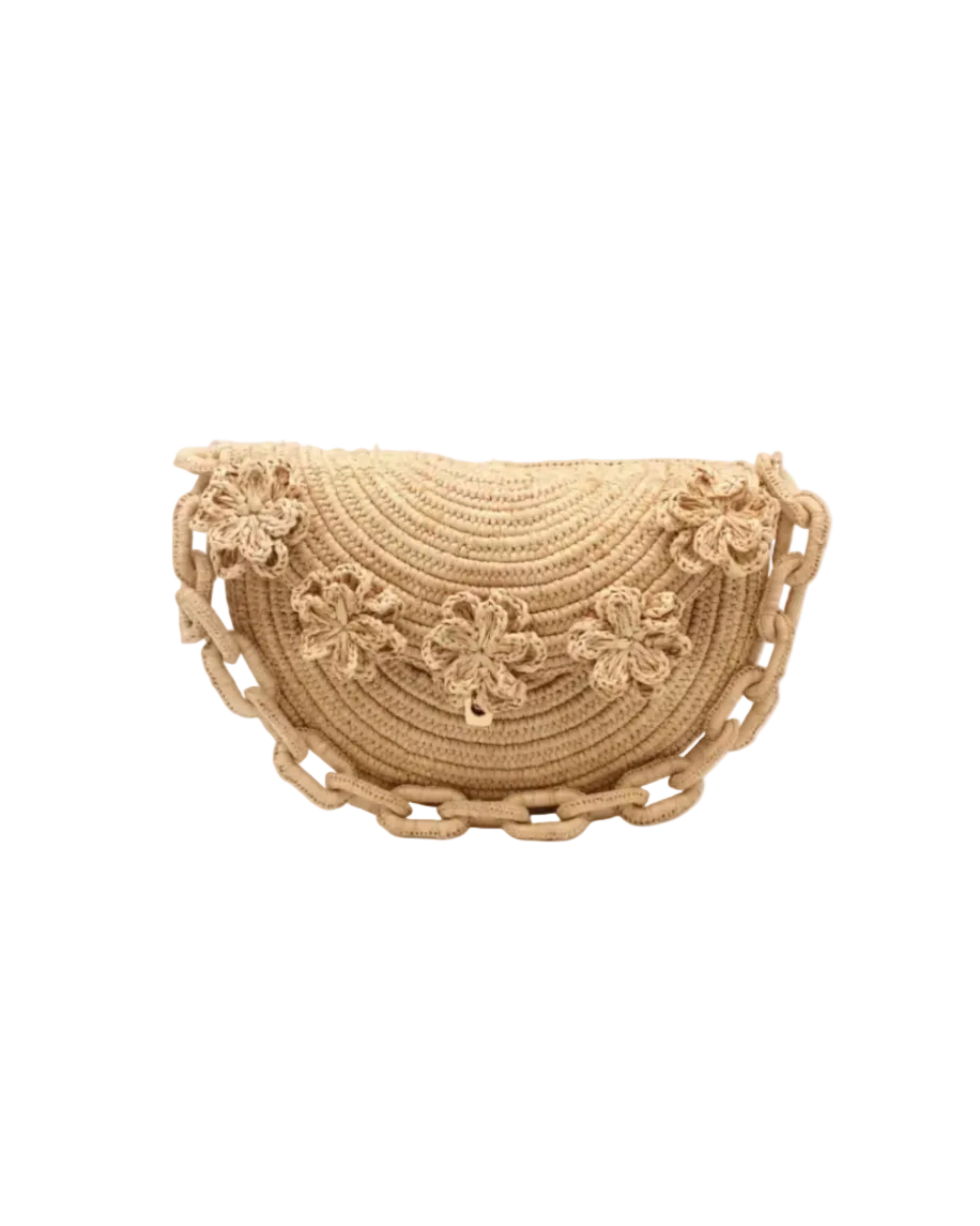 Piper Crochet Flower Straw Handbag with Macrame Chain Strap handmade natural raffia palm fiber in a solid hue of natural straw color with delicate 3D floral edge along the front envelope flap style closure of the half moon shaped bag with subtle curved banding and macrame chain shoulder strap purse small bag shoulder bag - Shebobo