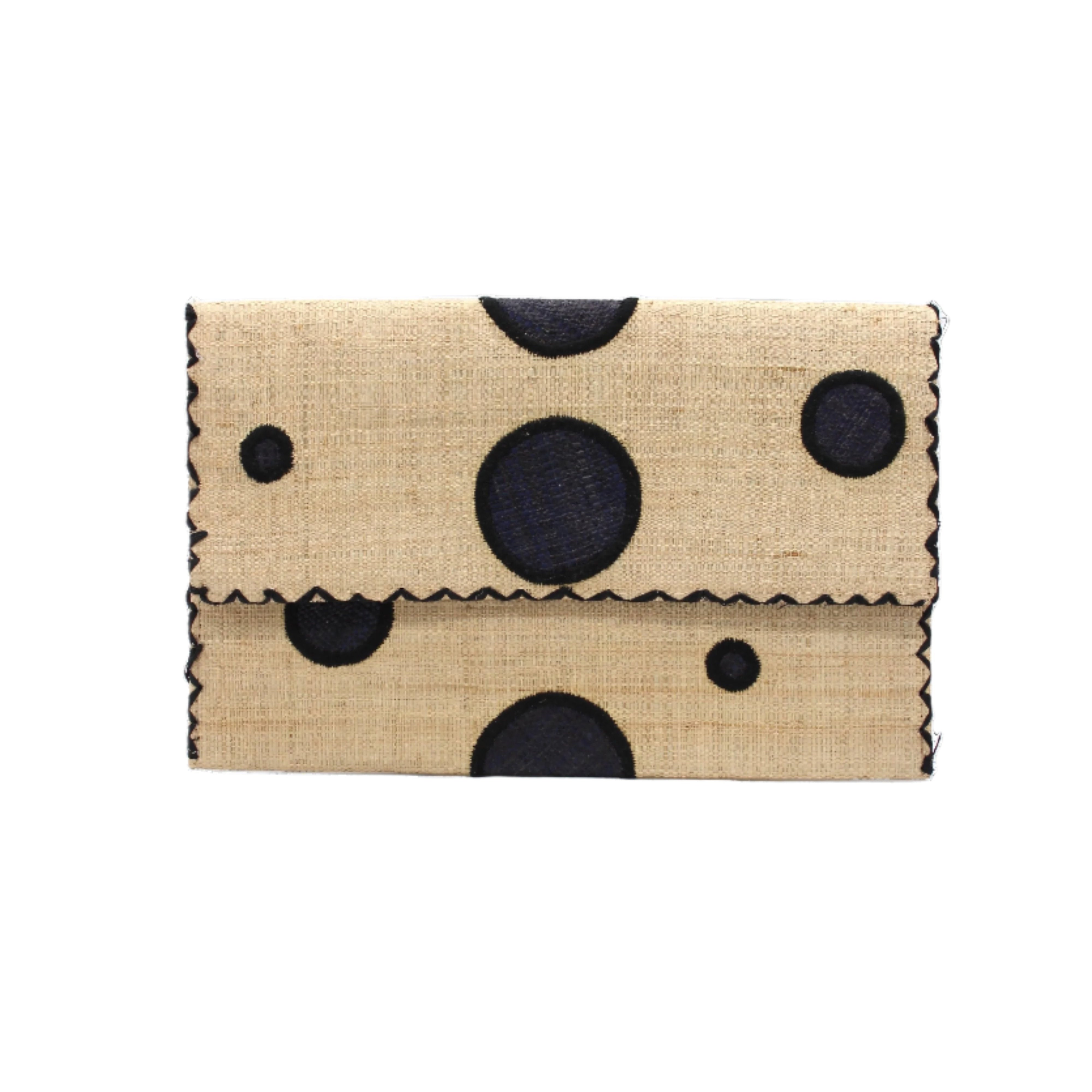 Polka Dot Straw Clutch Handbag handmade loomed raffia clutch purse in multisize dot pattern of black dots with matching color cross stitch edging on natural straw color purse- Shebobo