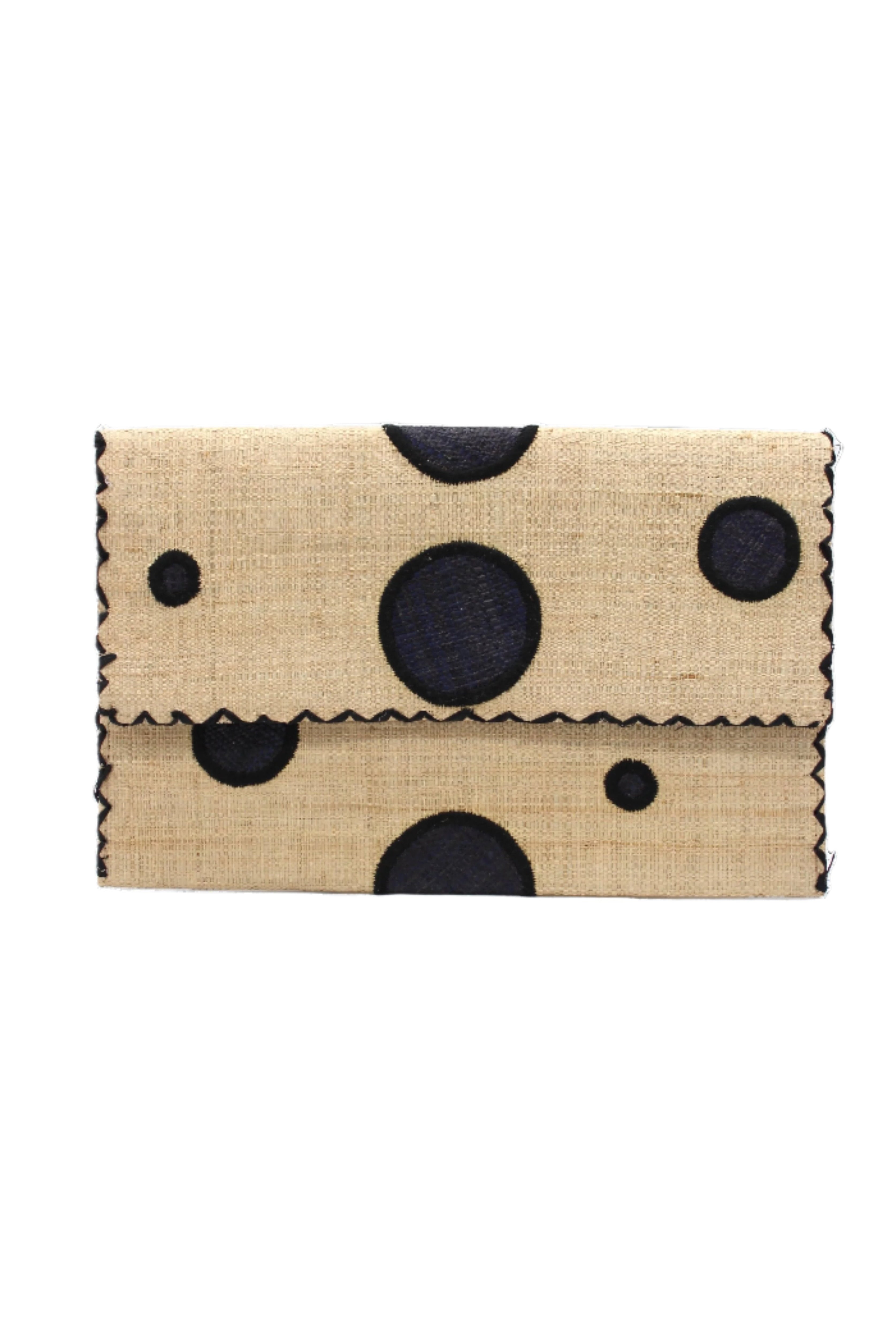 Polka Dot Straw Clutch Handbag handmade loomed raffia clutch purse in multisize dot pattern of black dots with matching color cross stitch edging on natural straw color purse- Shebobo