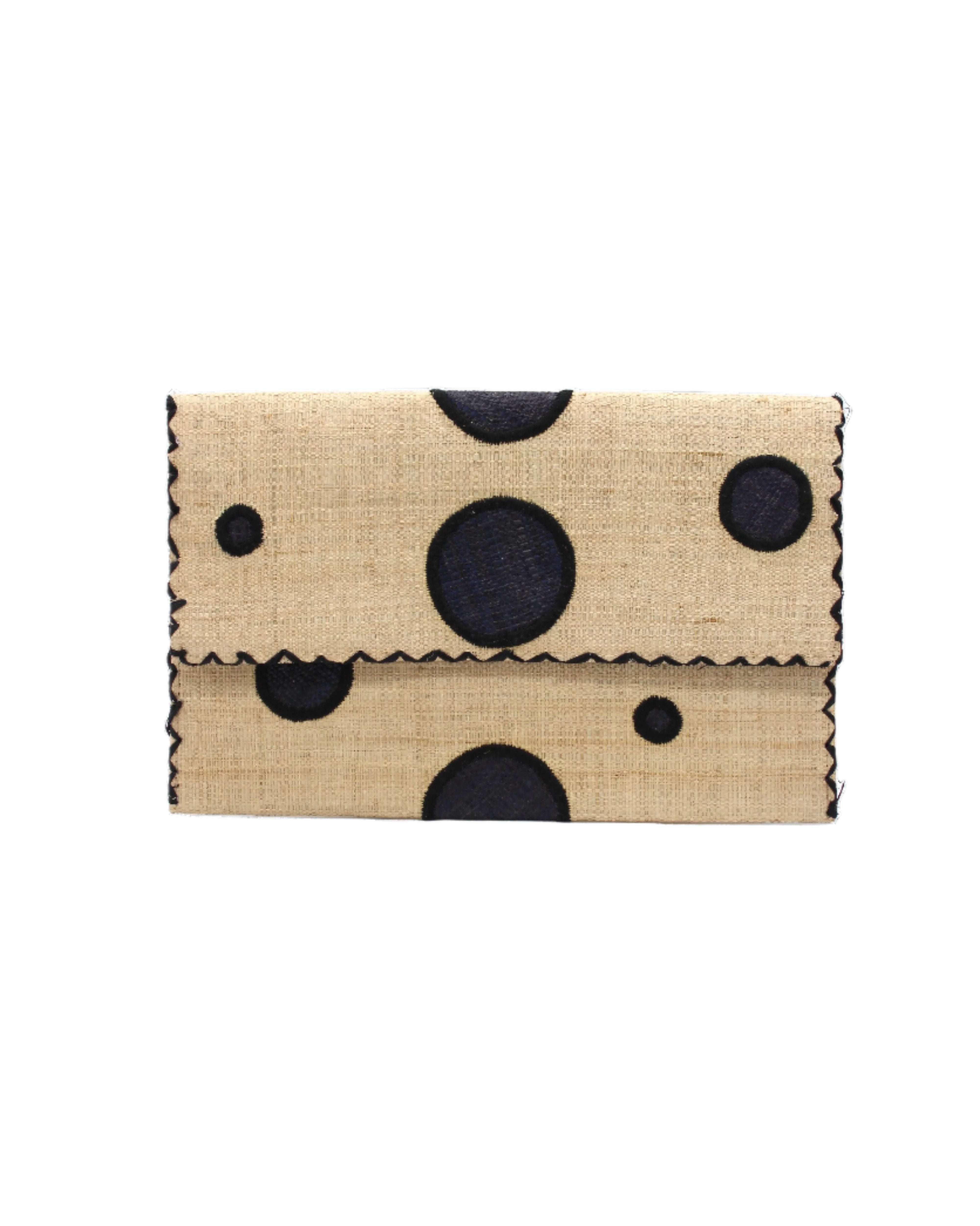 Polka Dot Straw Clutch Handbag handmade loomed raffia clutch purse in multisize dot pattern of black dots with matching color cross stitch edging on natural straw color purse- Shebobo