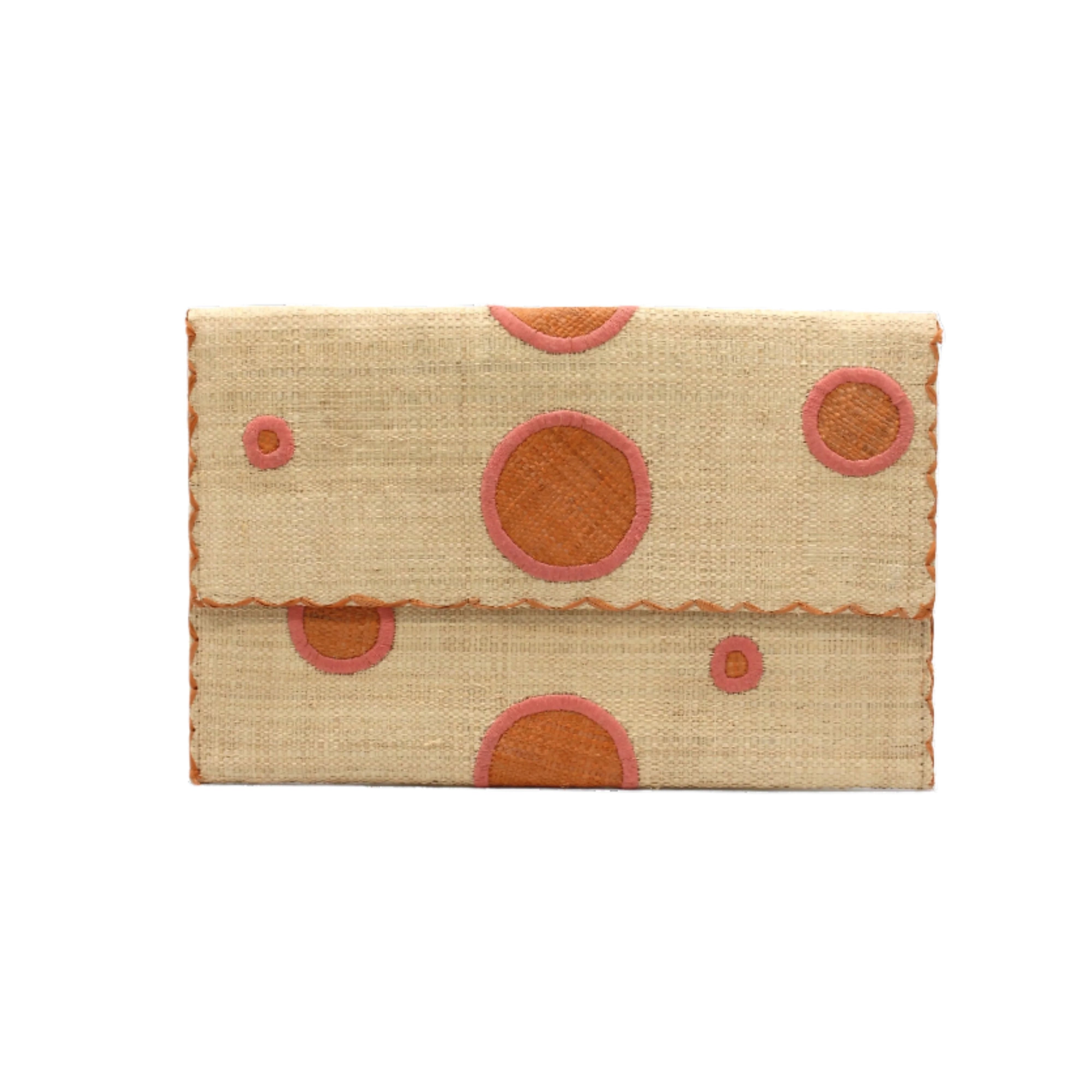 Polka Dot Straw Clutch Handbag handmade loomed raffia clutch purse in multisize dot pattern of blush orange/pink dots with matching color cross stitch edging on natural straw color purse- Shebobo