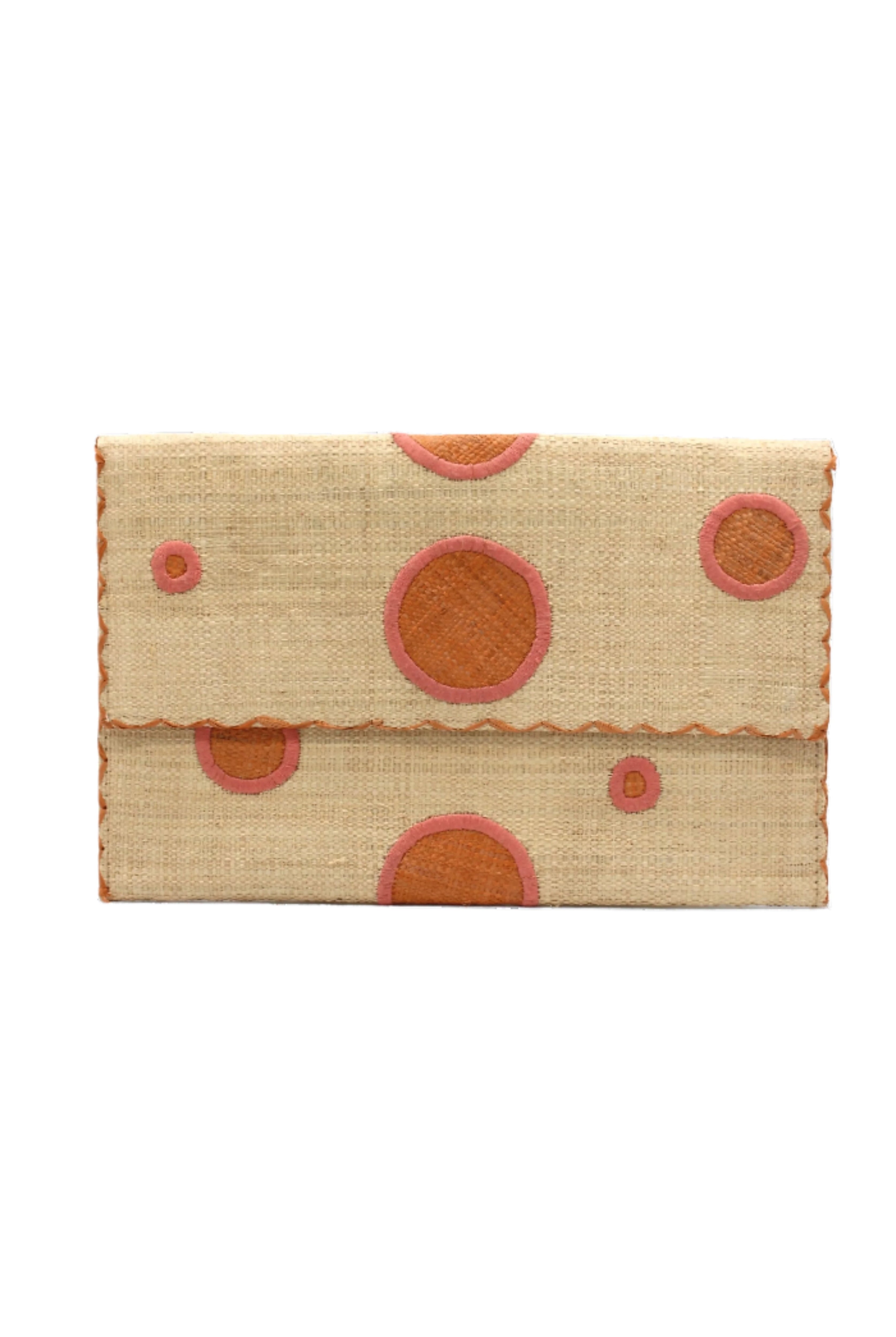 Polka Dot Straw Clutch Handbag handmade loomed raffia clutch purse in multisize dot pattern of blush orange/pink dots with matching color cross stitch edging on natural straw color purse- Shebobo