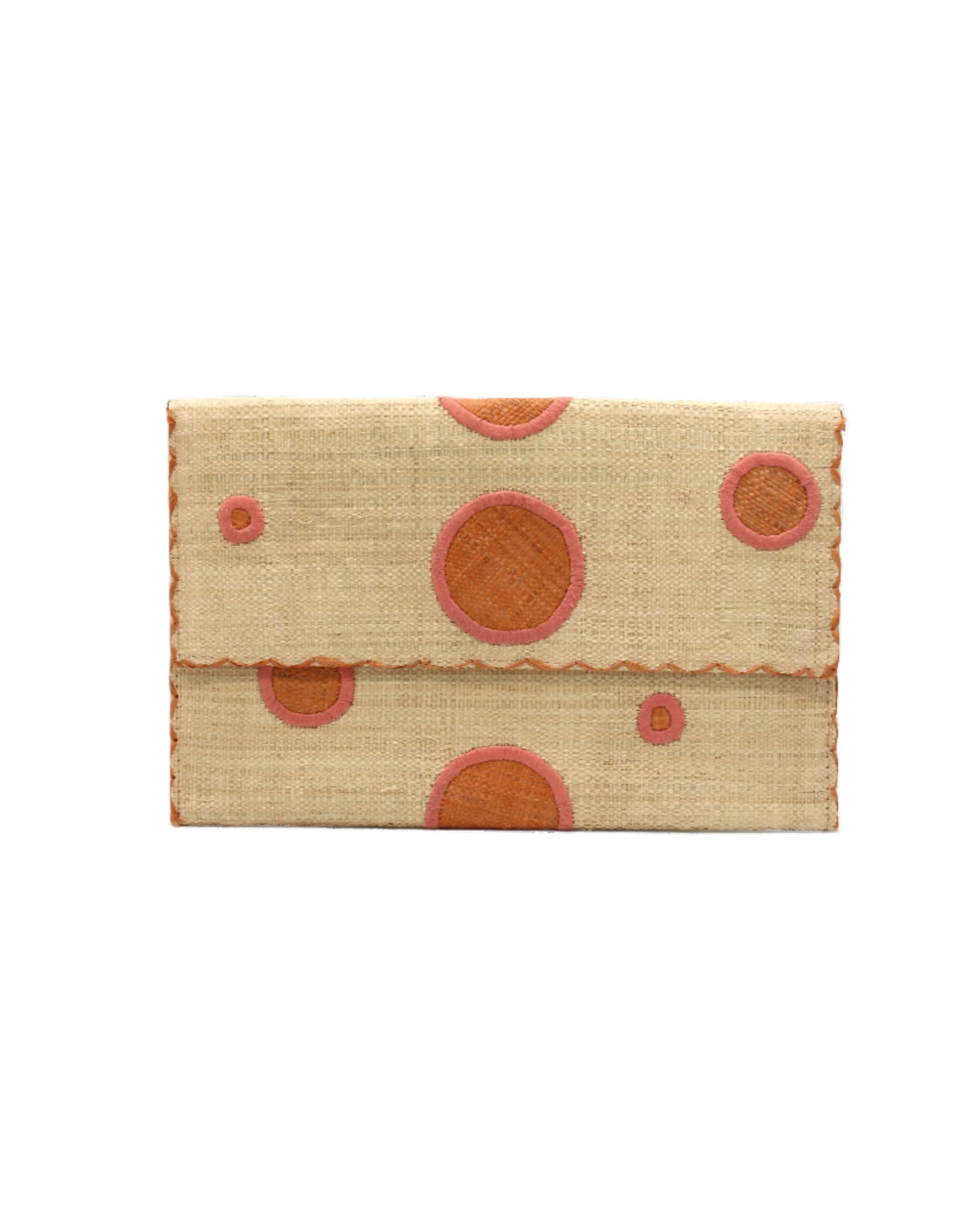 Polka Dot Straw Clutch Handbag handmade loomed raffia clutch purse in multisize dot pattern of blush orange/pink dots with matching color cross stitch edging on natural straw color purse- Shebobo