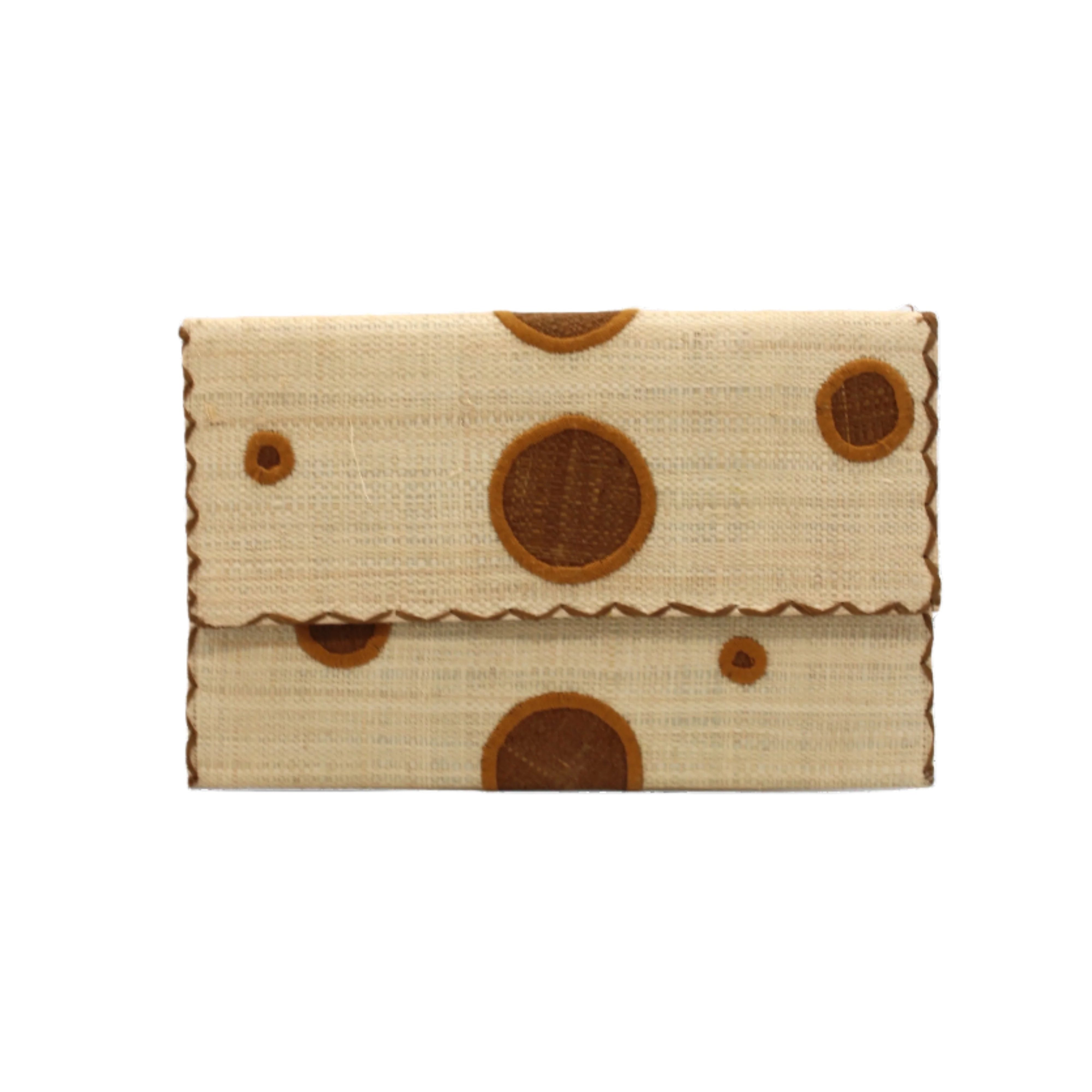 Polka Dot Straw Clutch Handbag handmade loomed raffia clutch purse in multisize dot pattern of cinnamon/tobacco/brown dots with matching color cross stitch edging on natural straw color purse- Shebobo