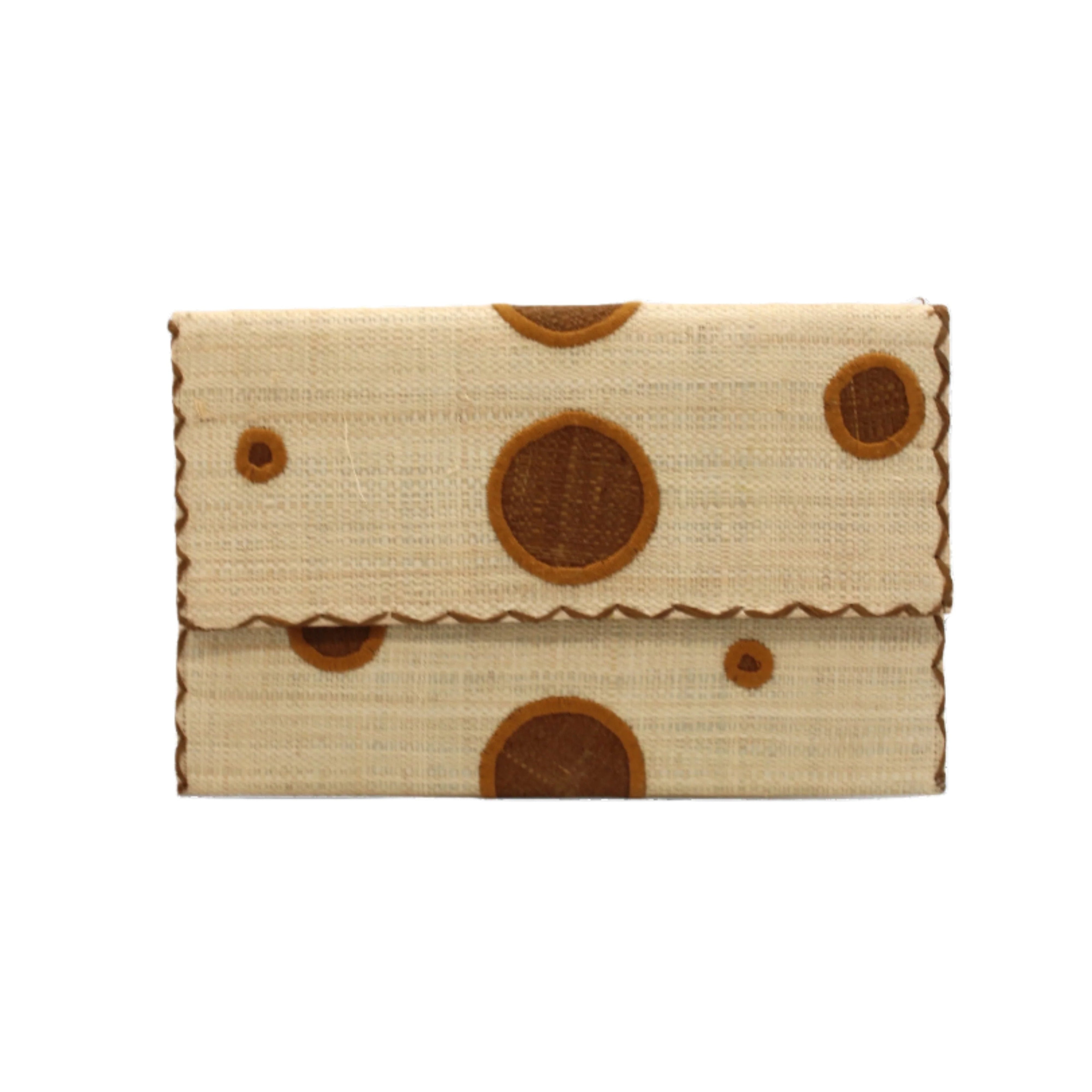 Polka Dot Straw Clutch Handbag handmade loomed raffia clutch purse in multisize dot pattern of cinnamon/tobacco/brown dots with matching color cross stitch edging on natural straw color purse- Shebobo