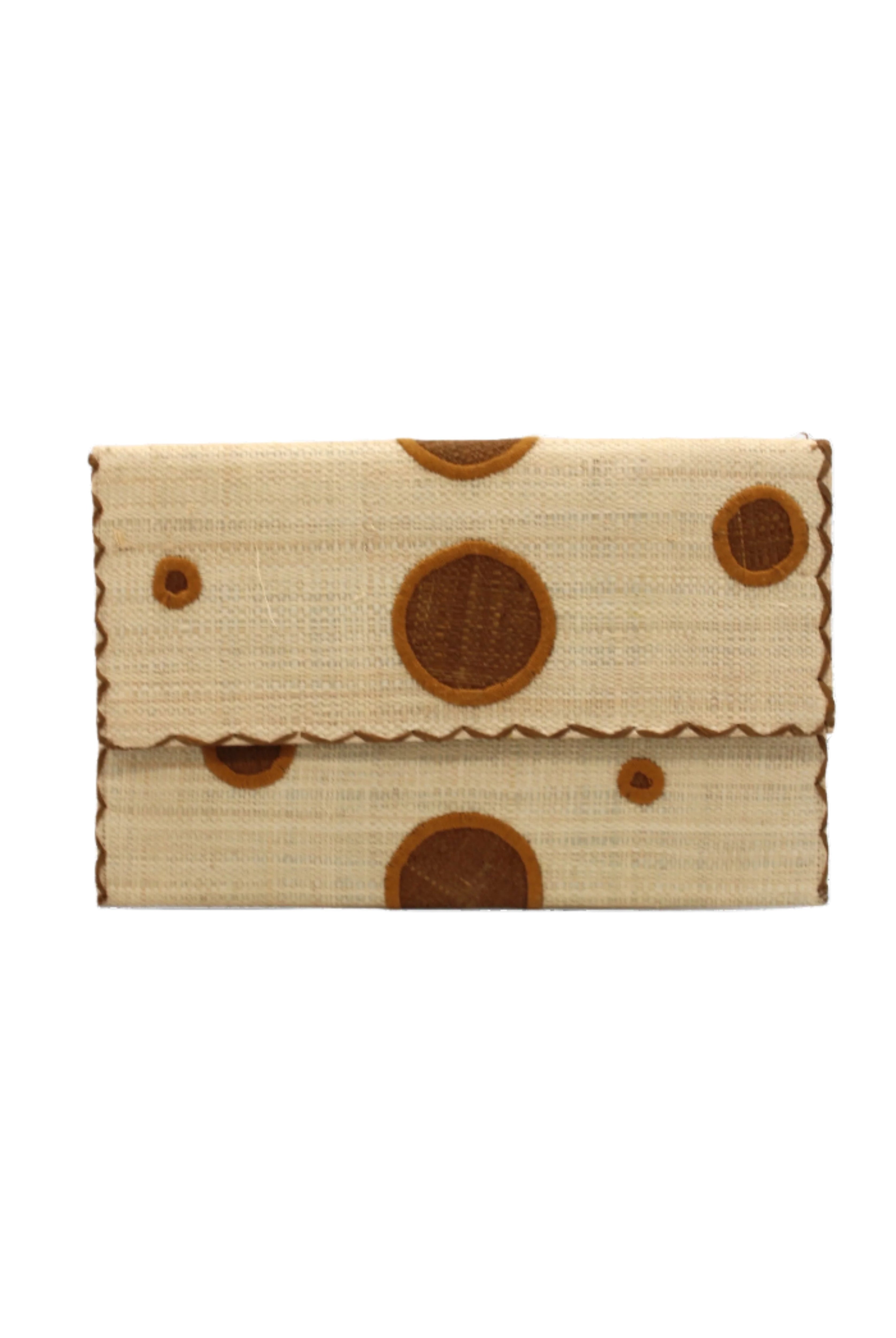 Polka Dot Straw Clutch Handbag handmade loomed raffia clutch purse in multisize dot pattern of cinnamon/tobacco/brown dots with matching color cross stitch edging on natural straw color purse- Shebobo