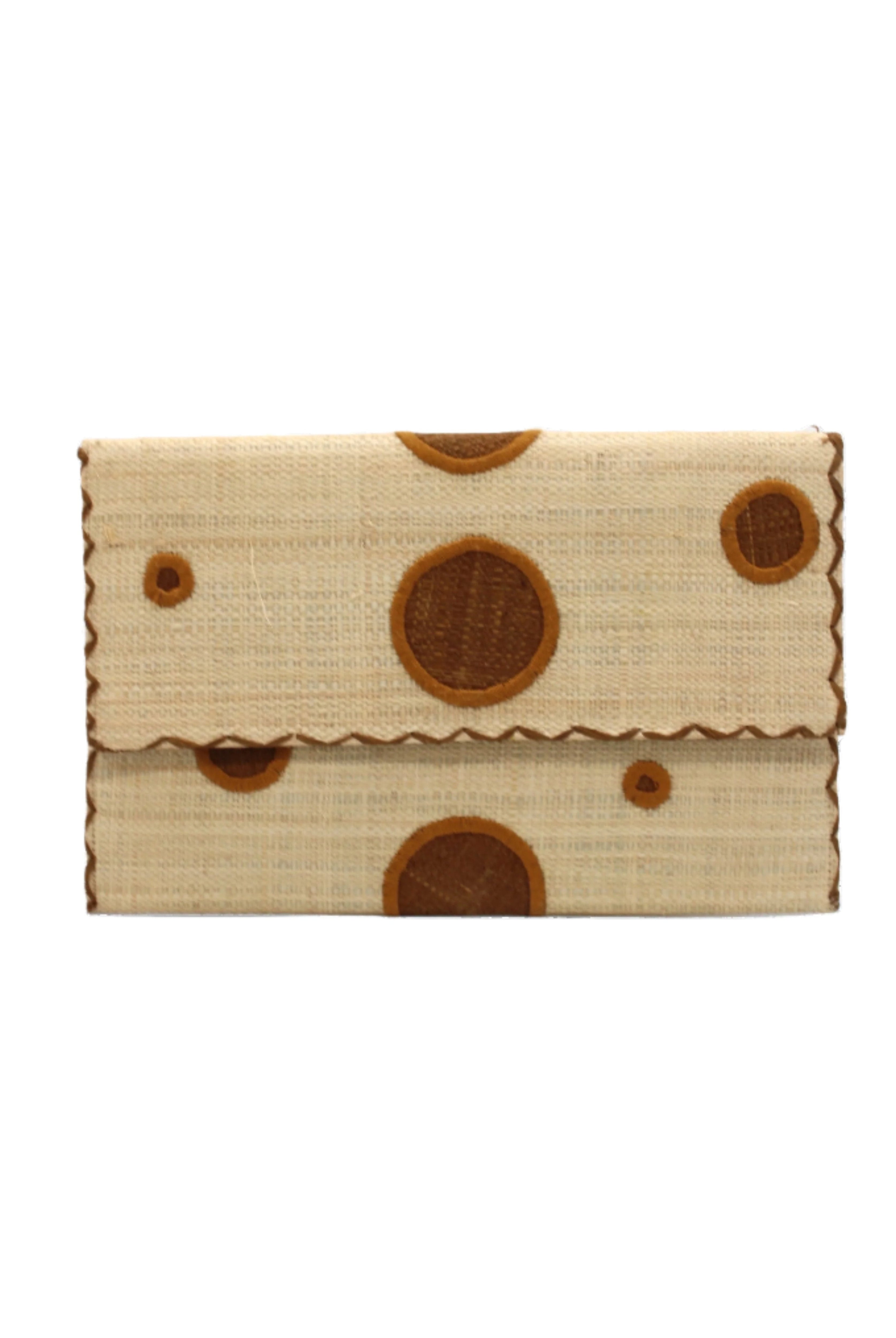 Polka Dot Straw Clutch Handbag handmade loomed raffia clutch purse in multisize dot pattern of cinnamon/tobacco/brown dots with matching color cross stitch edging on natural straw color purse- Shebobo