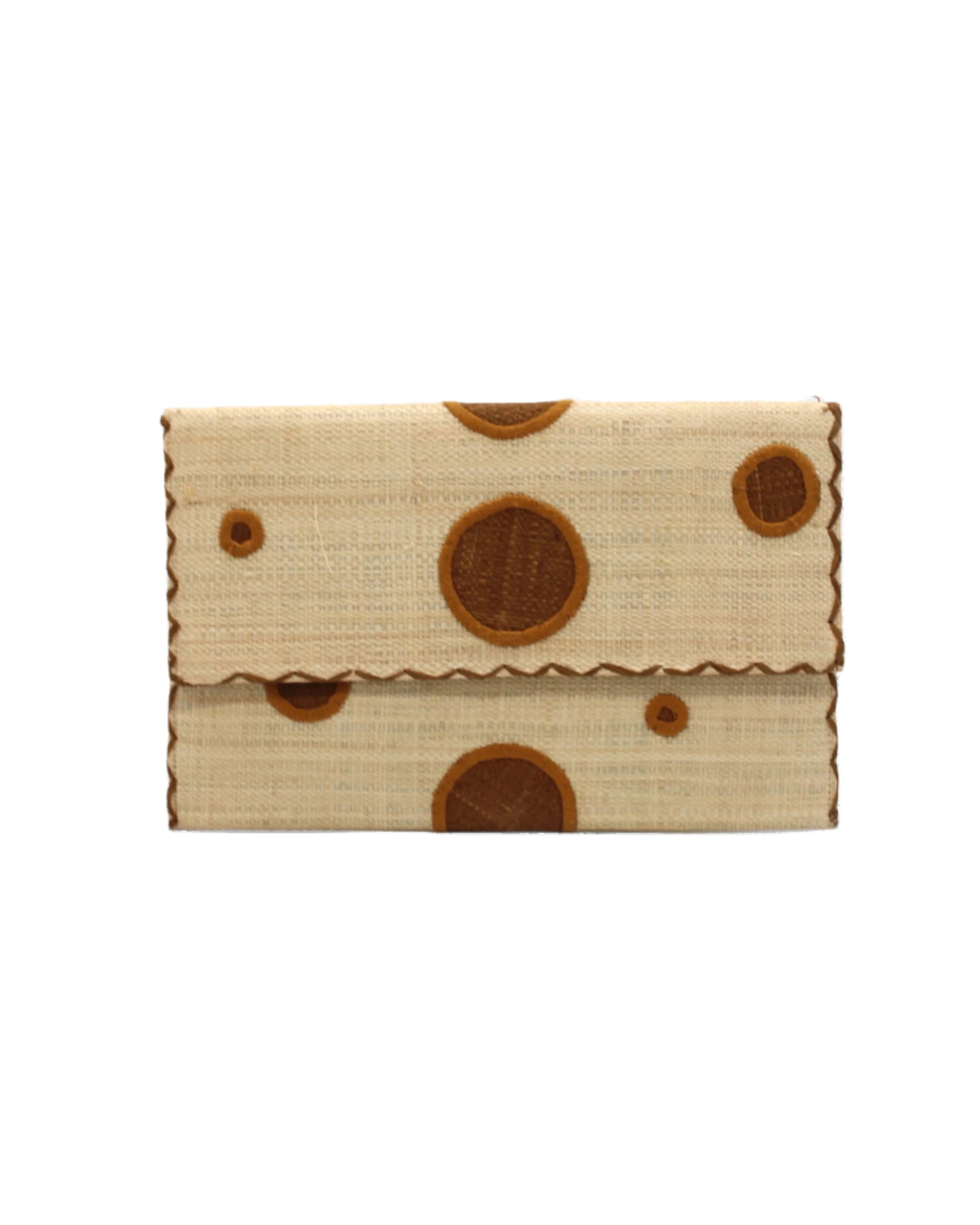 Polka Dot Straw Clutch Handbag handmade loomed raffia clutch purse in multisize dot pattern of cinnamon/tobacco/brown dots with matching color cross stitch edging on natural straw color purse- Shebobo