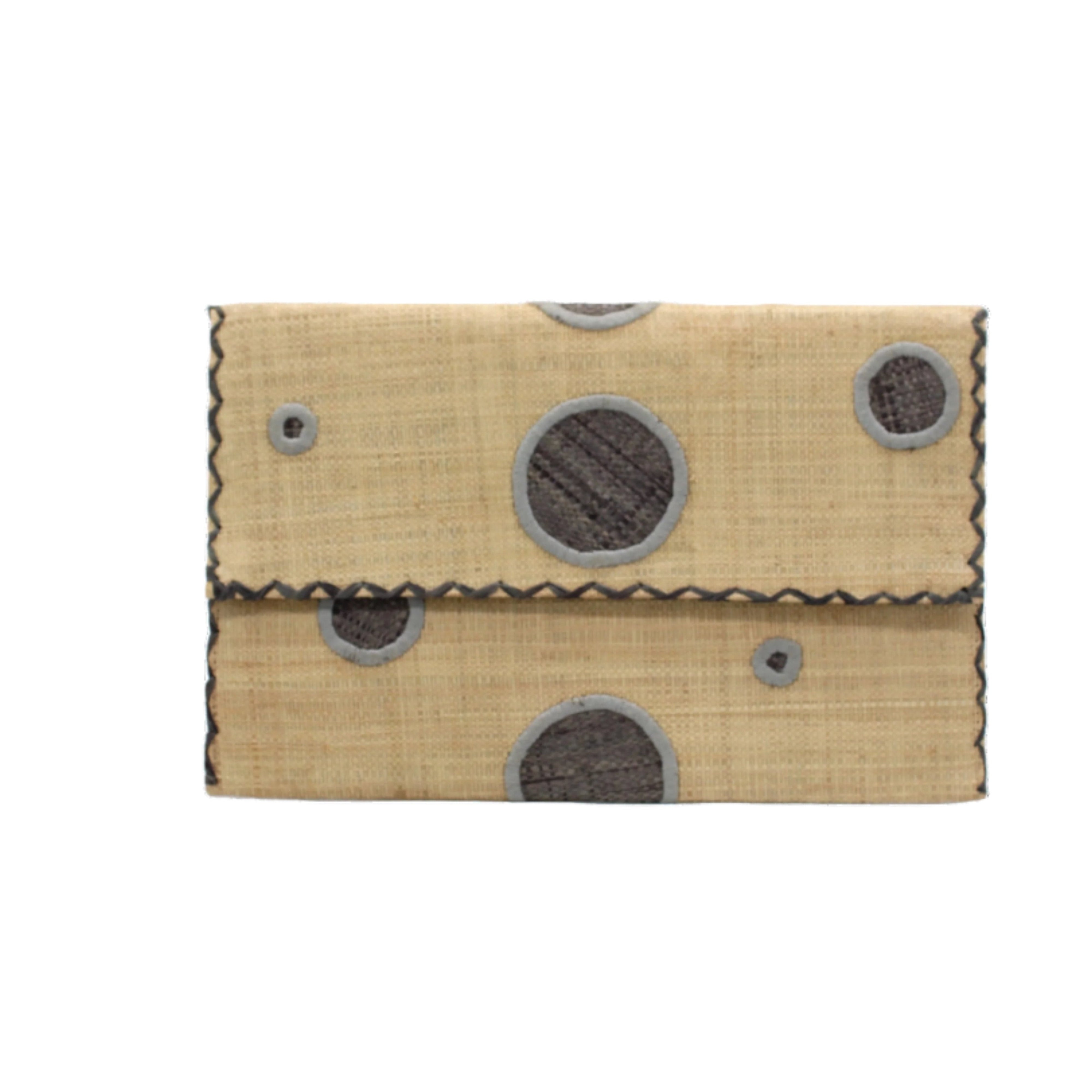 Polka Dot Straw Clutch Handbag handmade loomed raffia clutch purse in multisize dot pattern of grey dots with matching color cross stitch edging on natural straw color purse- Shebobo