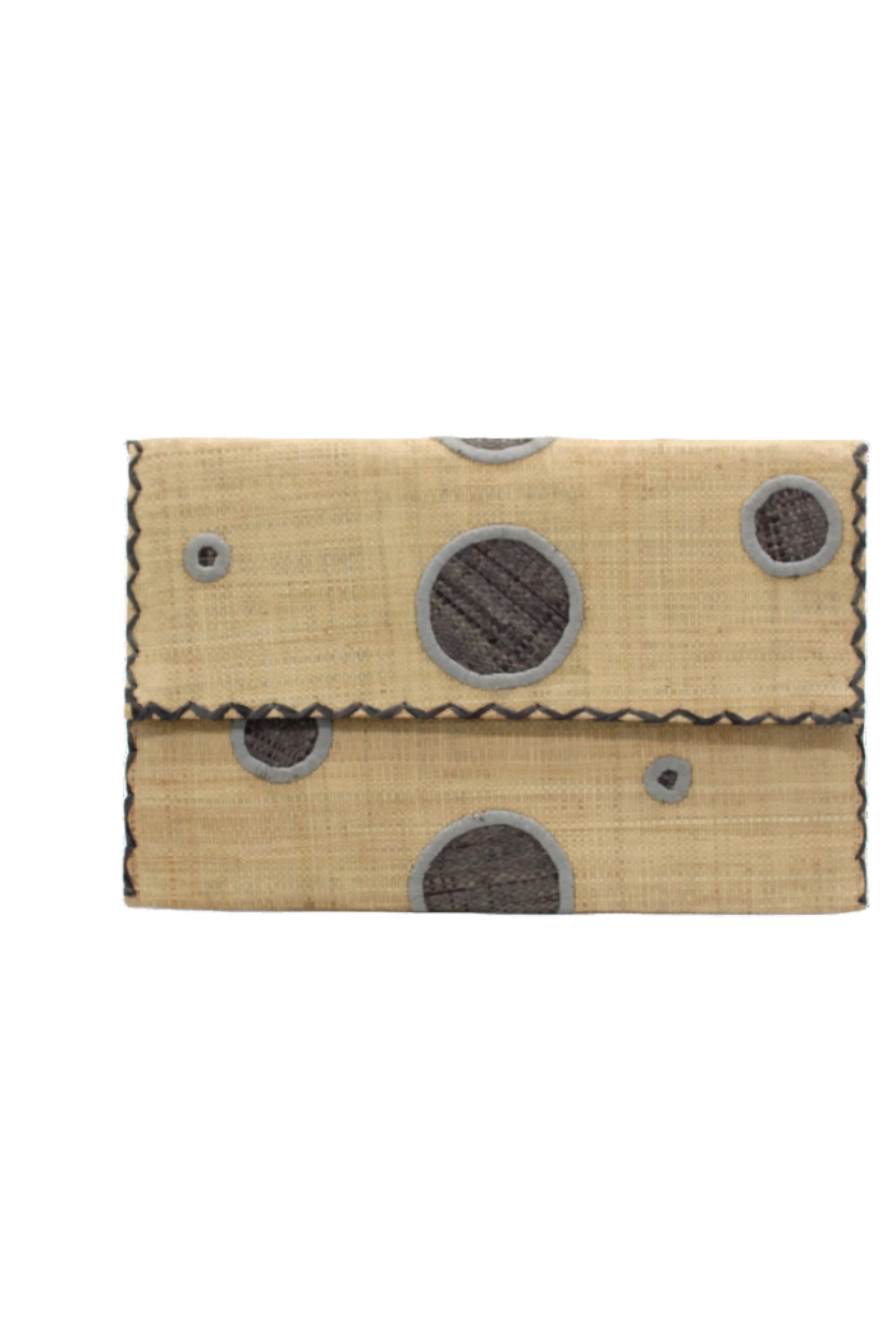 Polka Dot Straw Clutch Handbag handmade loomed raffia clutch purse in multisize dot pattern of grey dots with matching color cross stitch edging on natural straw color purse- Shebobo