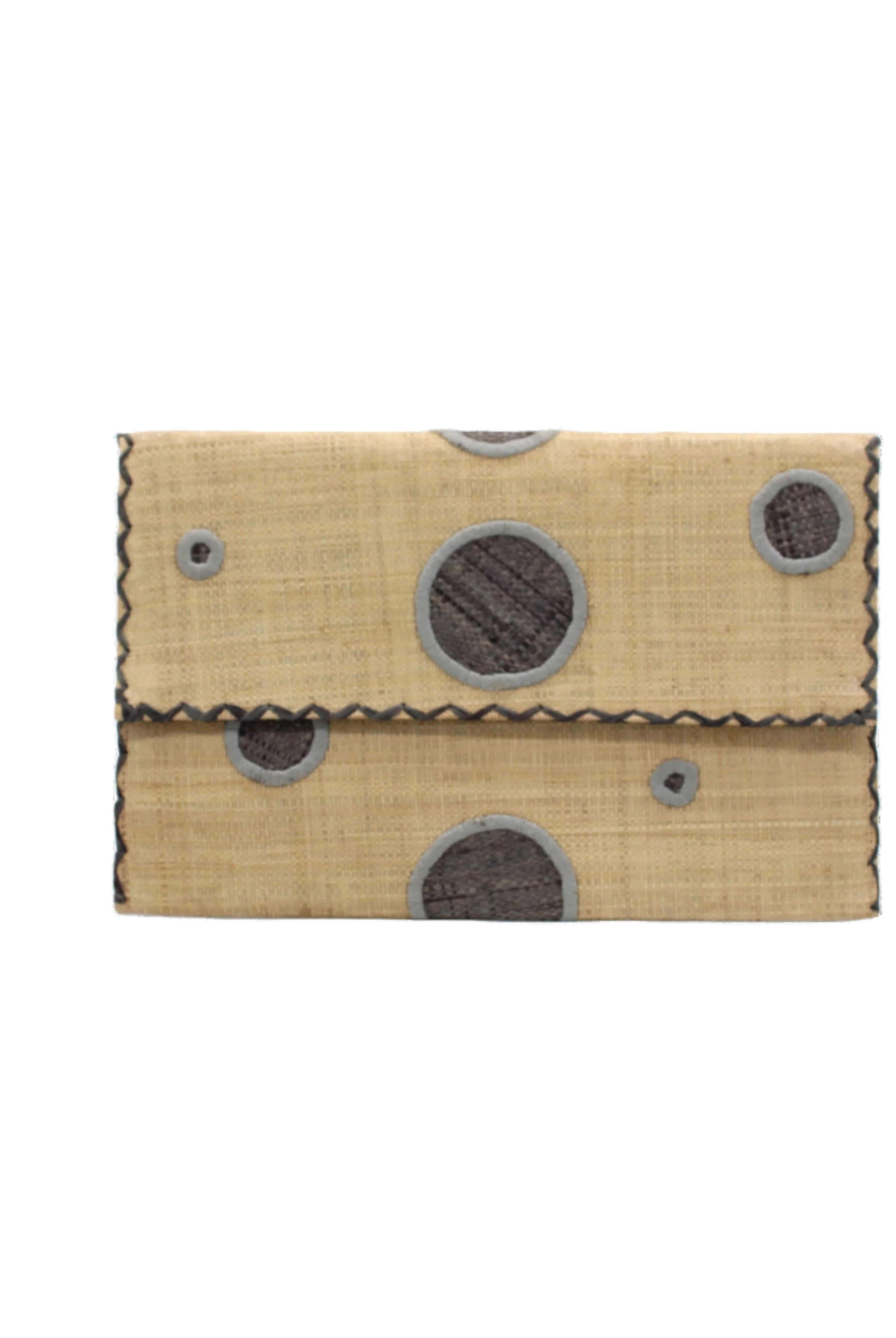 Polka Dot Straw Clutch Handbag handmade loomed raffia clutch purse in multisize dot pattern of grey dots with matching color cross stitch edging on natural straw color purse- Shebobo