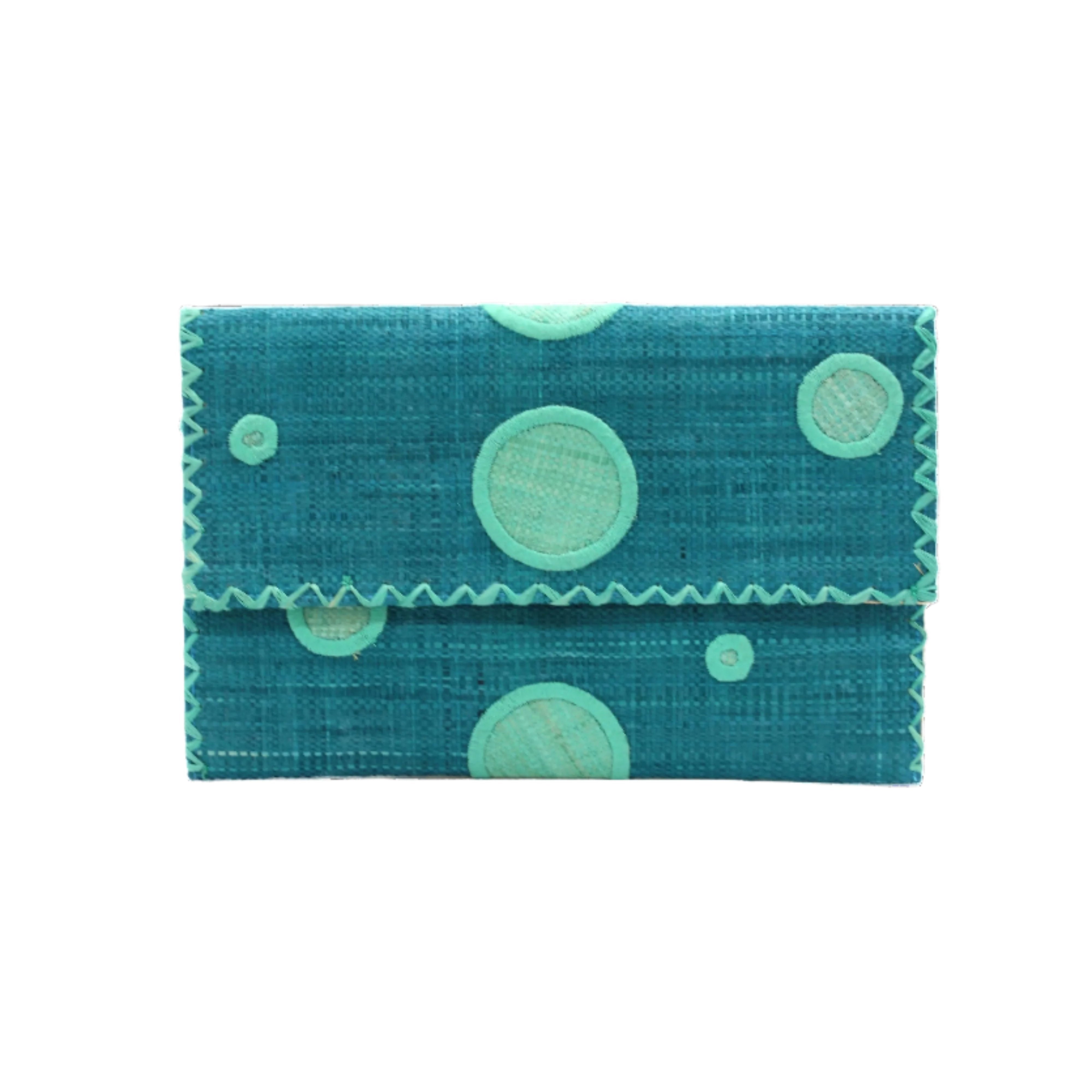 Polka Dot Straw Clutch Handbag handmade loomed raffia clutch purse in multisize dot pattern of seafoam blue/green dots with matching color cross stitch edging on turquoise blue purse- Shebobo