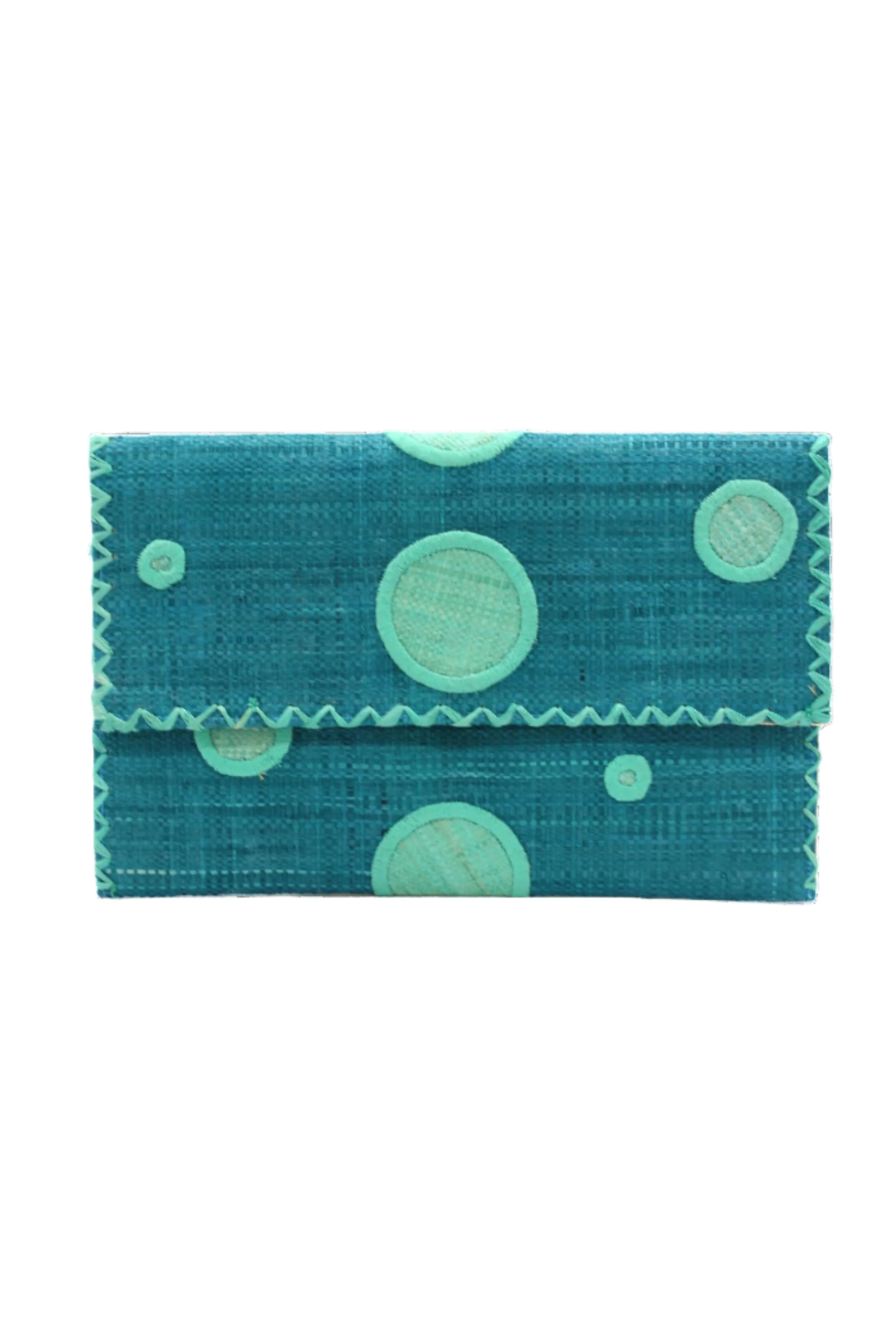 Polka Dot Straw Clutch Handbag handmade loomed raffia clutch purse in multisize dot pattern of seafoam blue/green dots with matching color cross stitch edging on turquoise blue purse- Shebobo