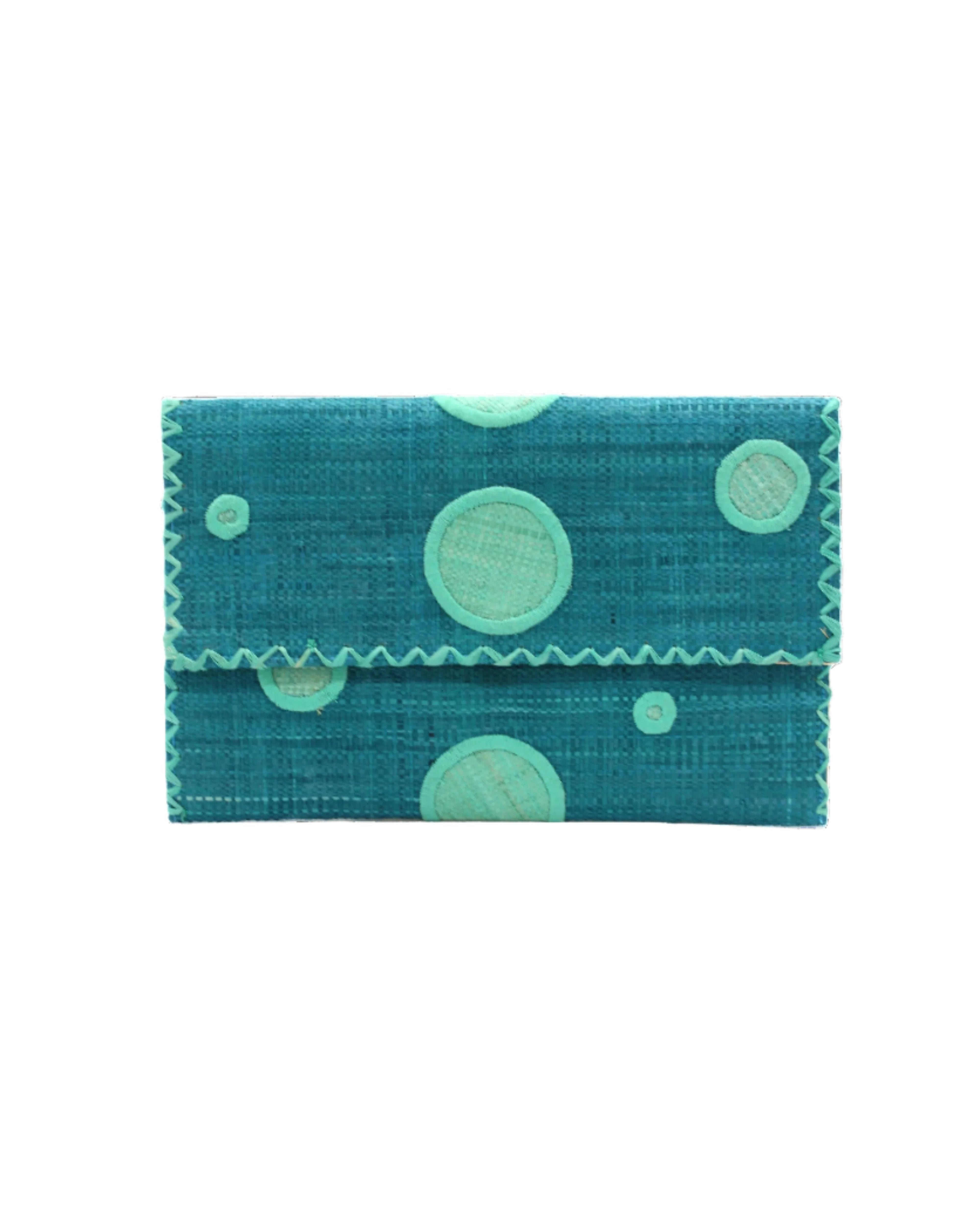 Polka Dot Straw Clutch Handbag handmade loomed raffia clutch purse in multisize dot pattern of seafoam blue/green dots with matching color cross stitch edging on turquoise blue purse- Shebobo