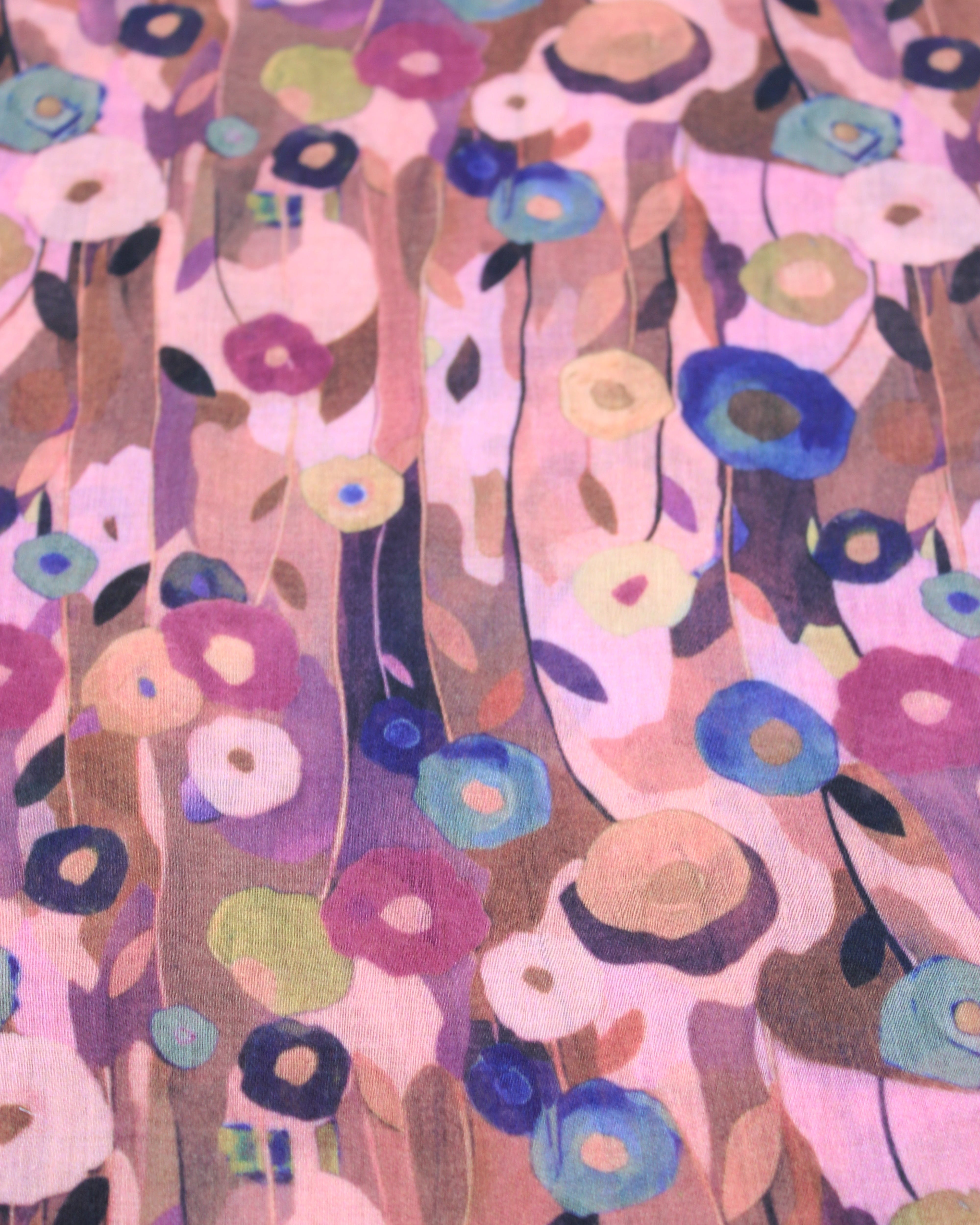 Detail view of pattern Poppy Dreams Scarf Wrap Pink with multicolored floral patterned scarf - Shebobo