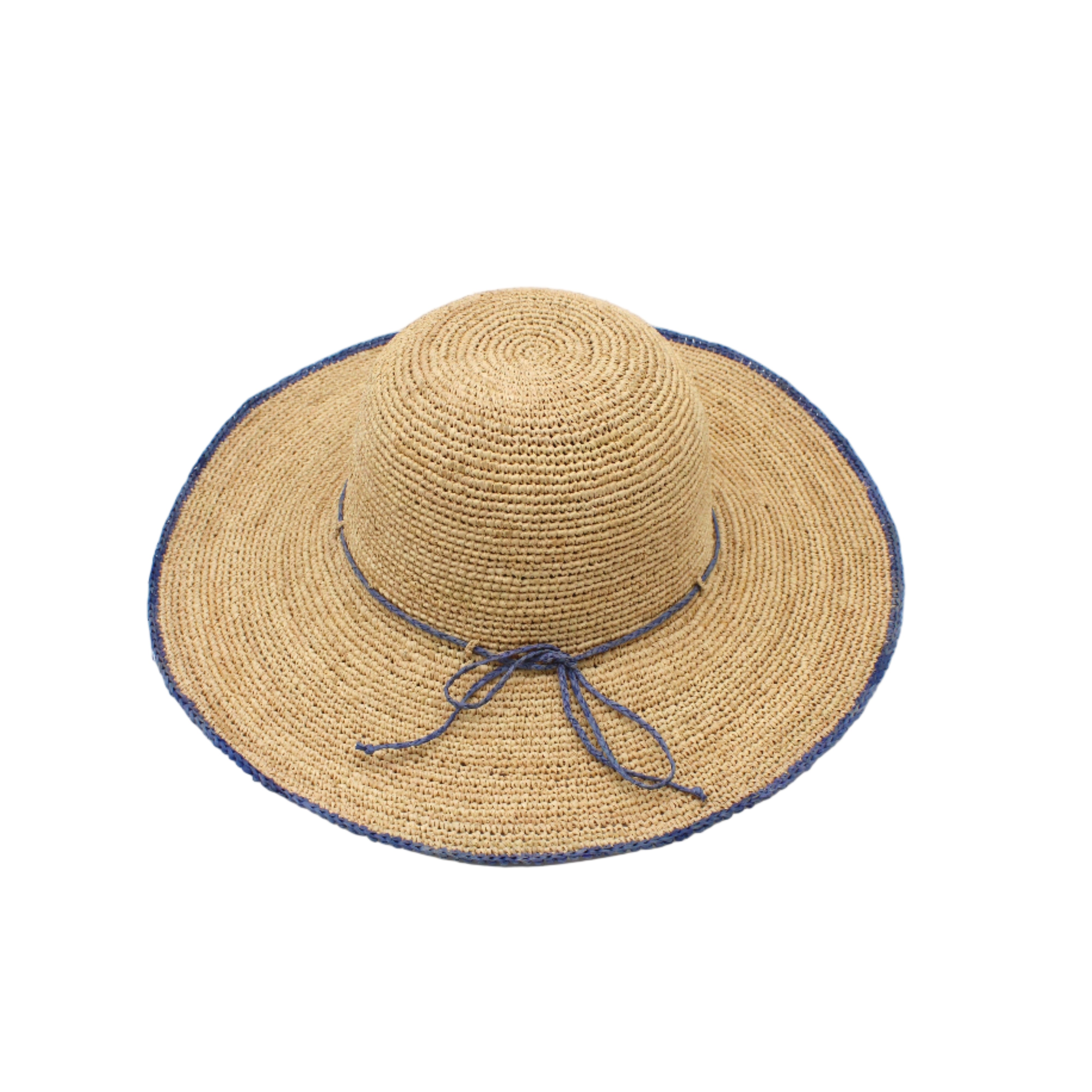 4 inch brim Rachel Crochet Denim handmade straw sun hat denim retro/light/blue trim woven edge and matching adjustable hat band on natural straw colored raffia hat - Shebobo