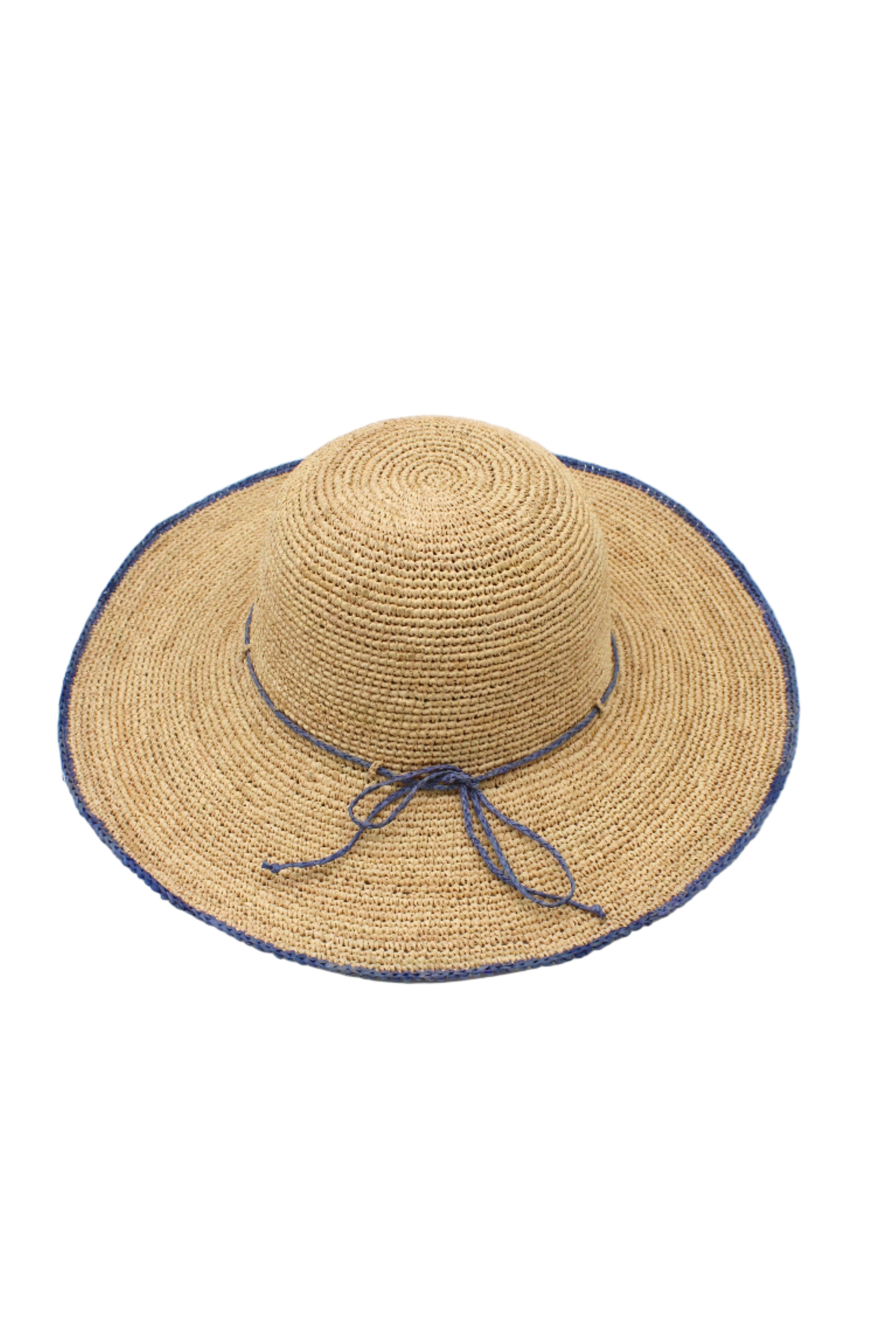 4 inch brim Rachel Crochet Denim handmade straw sun hat denim retro/light/blue trim woven edge and matching adjustable hat band on natural straw colored raffia hat - Shebobo