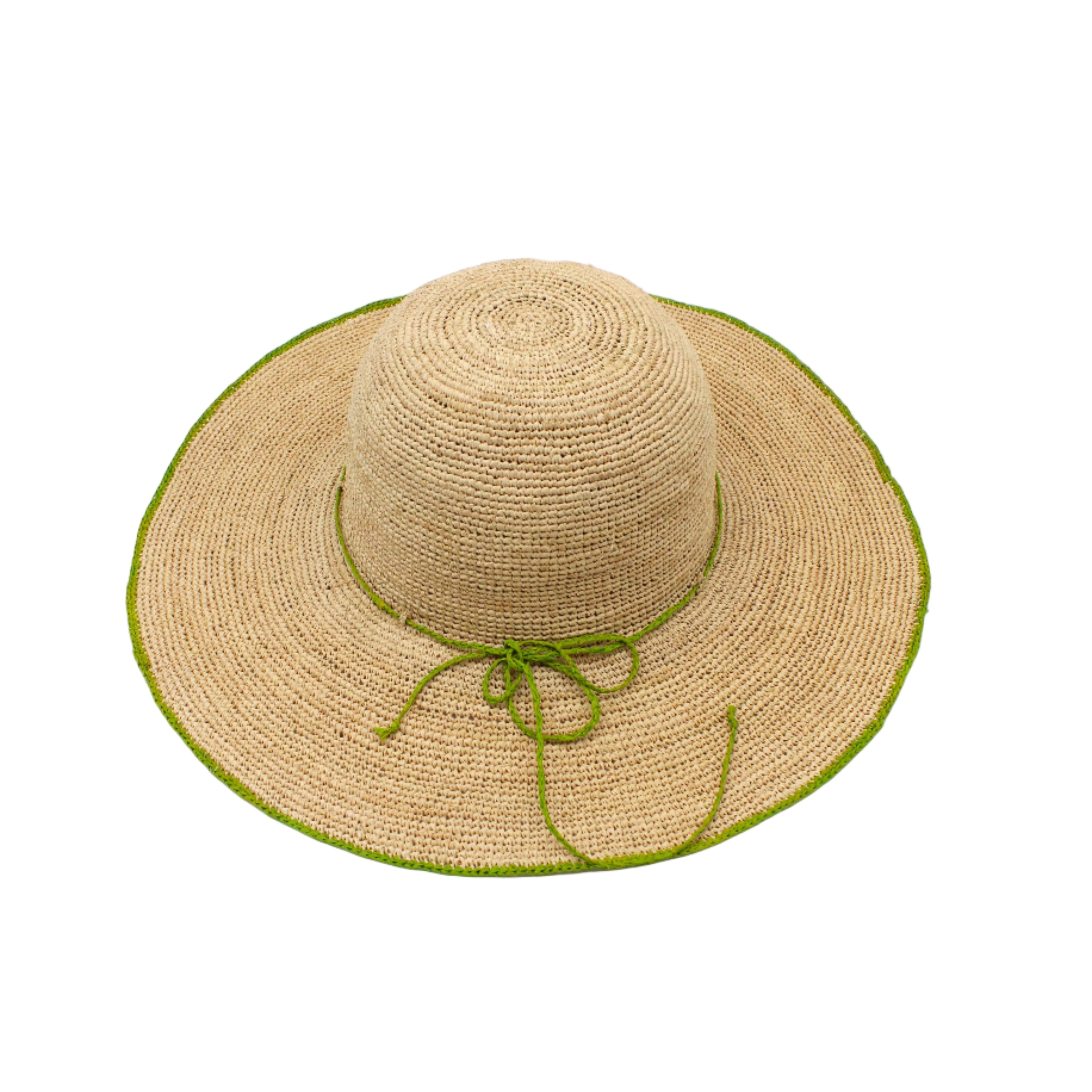 4 inch brim Rachel Crochet Midori handmade straw sun hat midori lime/bright/neon/green trim woven edge and matching adjustable hat band on natural straw colored raffia hat - Shebobo