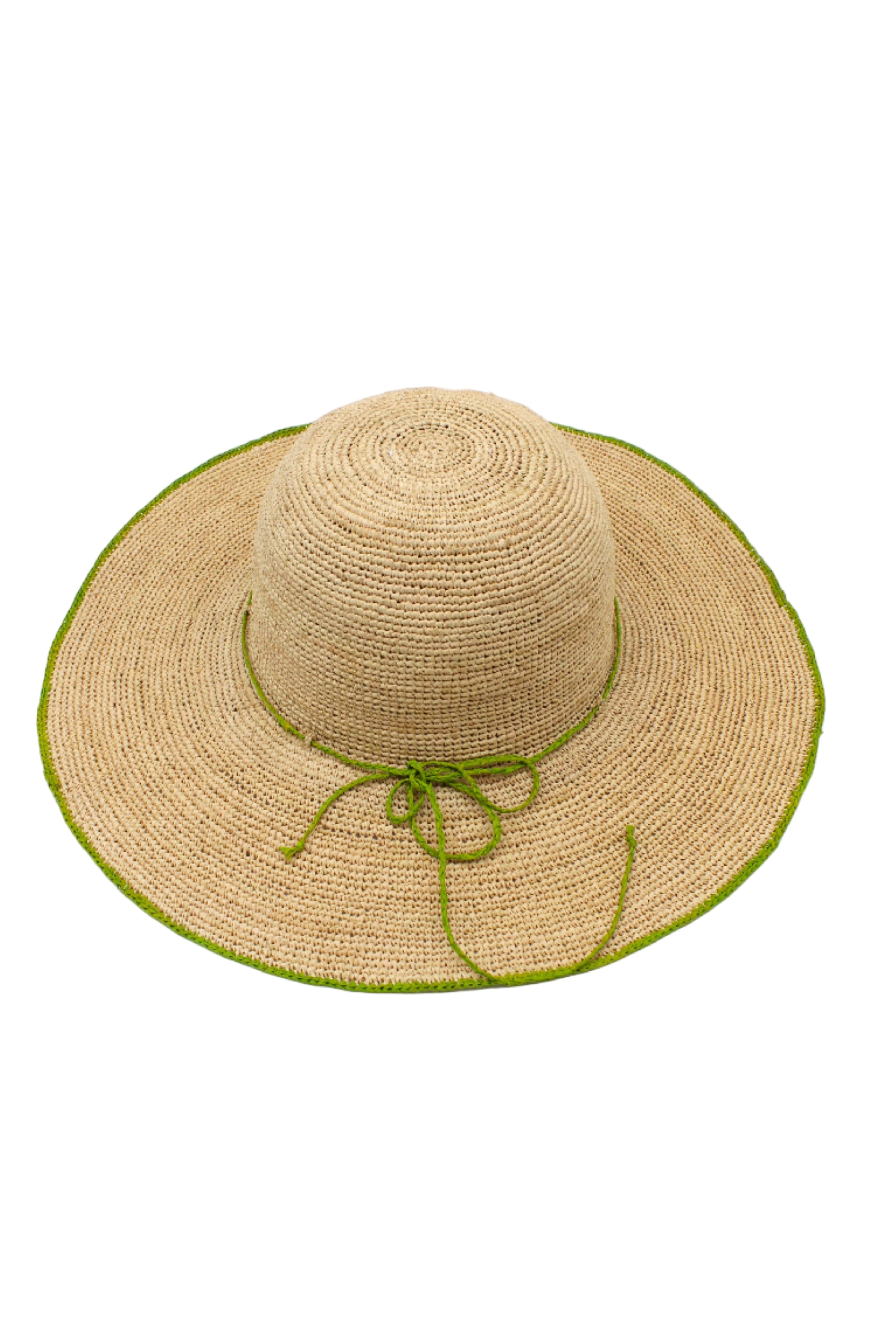4 inch brim Rachel Crochet Midori handmade straw sun hat midori lime/bright/neon/green trim woven edge and matching adjustable hat band on natural straw colored raffia hat - Shebobo