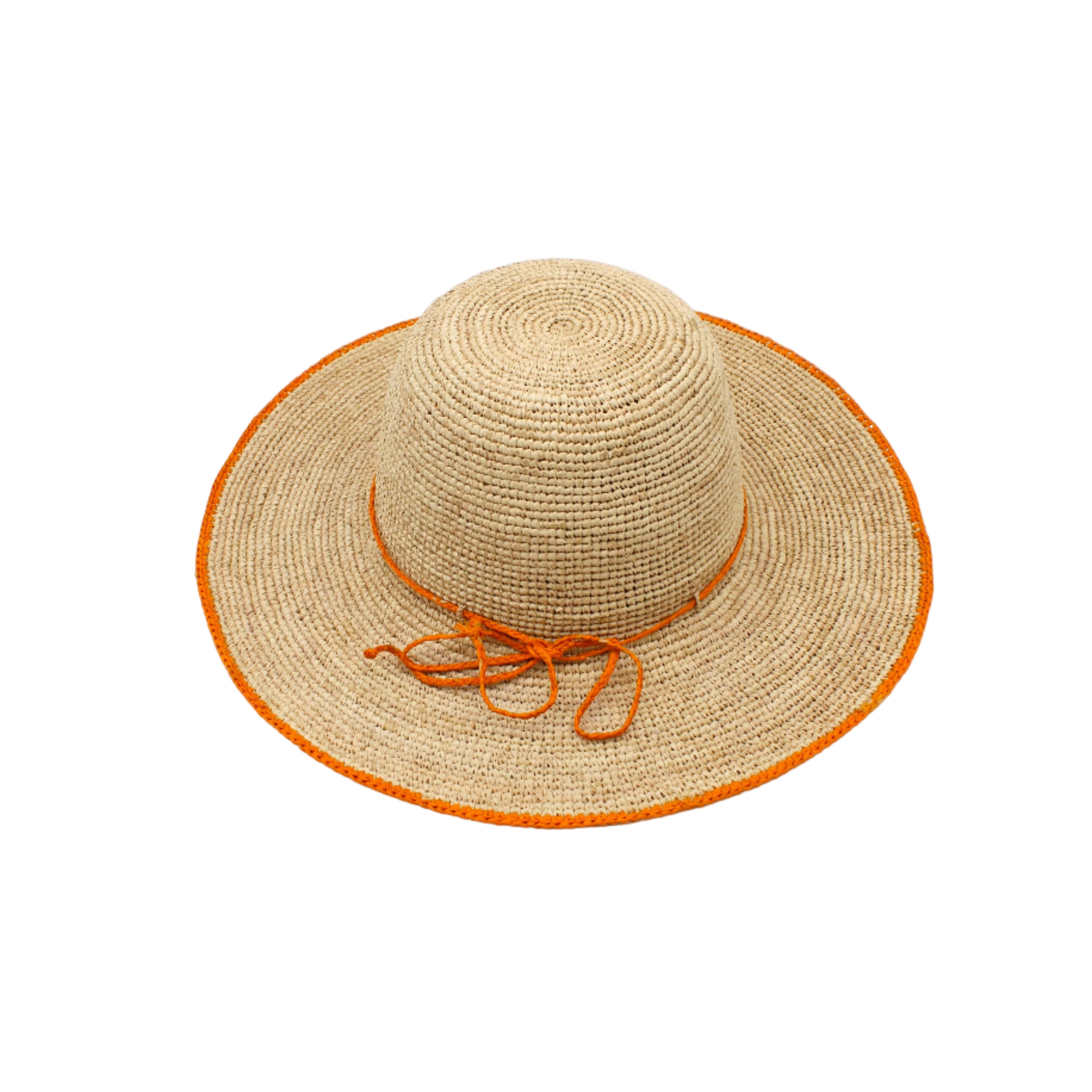 4 inch brim Rachel Crochet Saffron handmade straw sun hat saffron orange/yellow trim woven edge and matching adjustable hat band on natural straw colored raffia hat - Shebobo