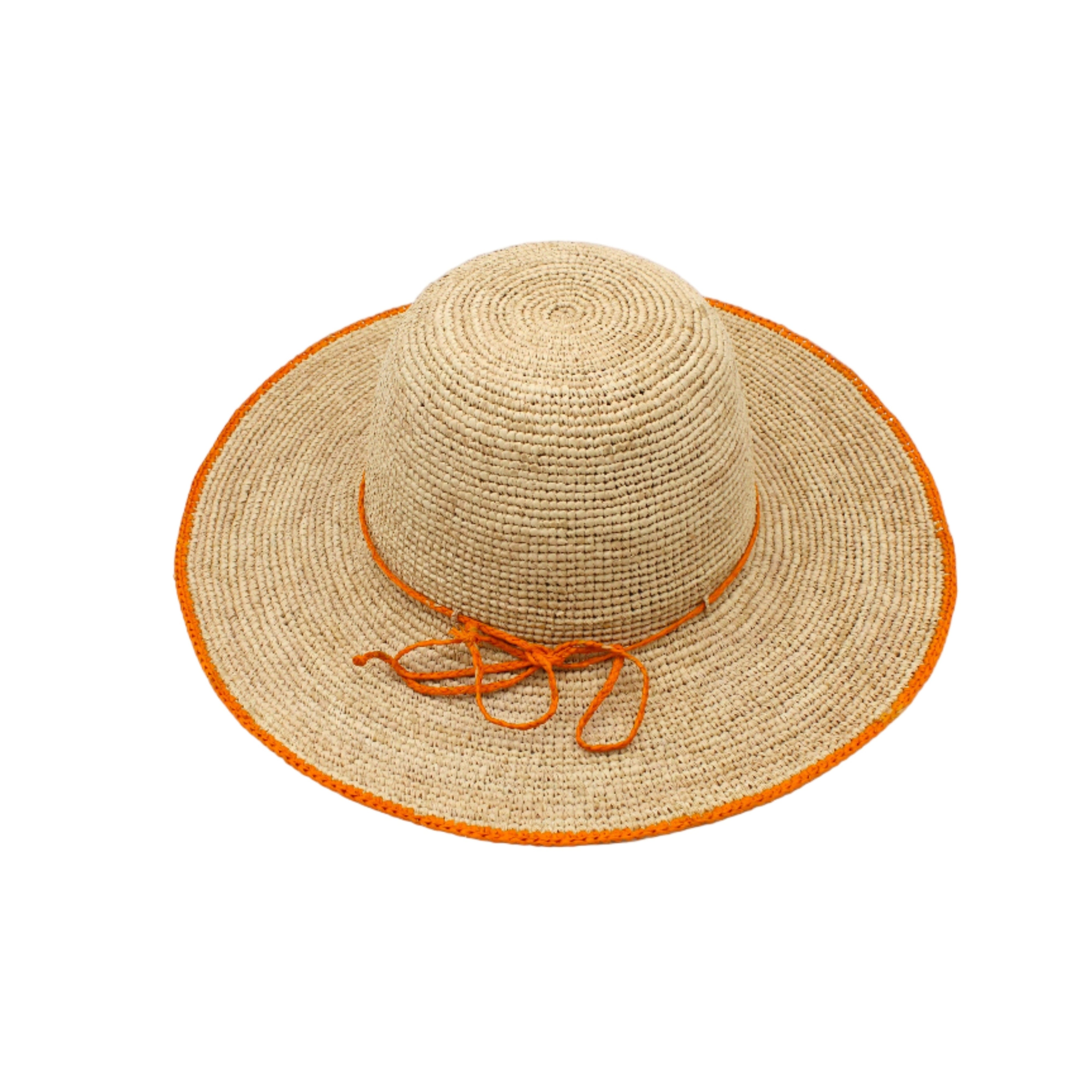 4 inch brim Rachel Crochet Saffron handmade straw sun hat saffron orange/yellow trim woven edge and matching adjustable hat band on natural straw colored raffia hat - Shebobo